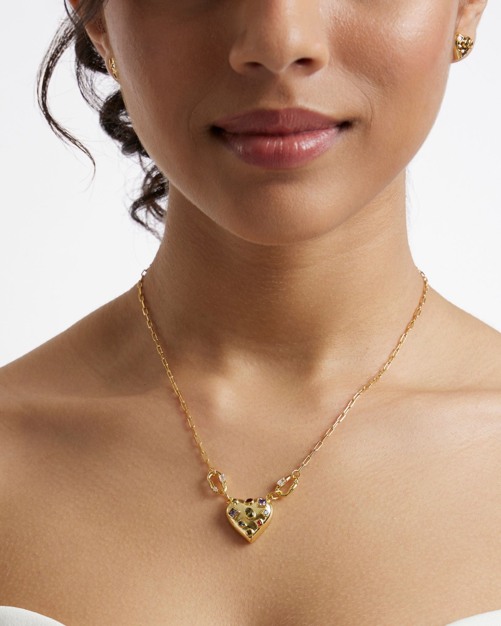 Gold Heart Pendant Chain with Earrings