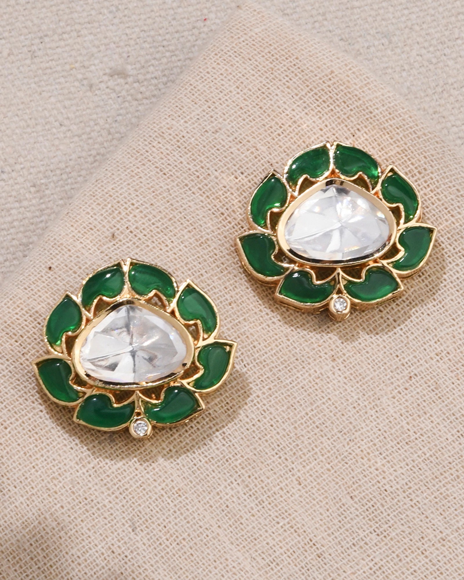 Elegant stud earrings green polki stone leaf-shaped design