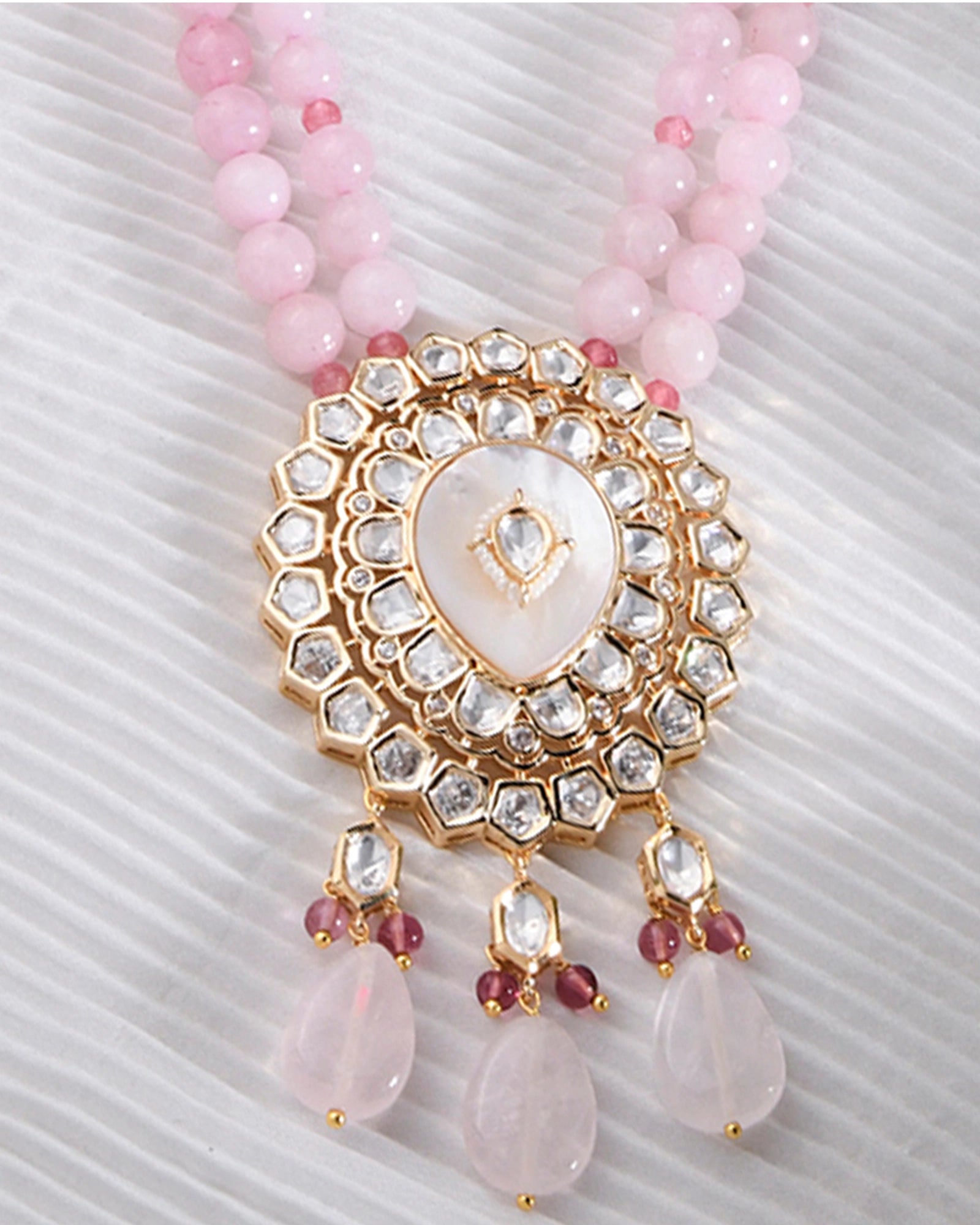 pearl Necklace features, multicolored jade beads