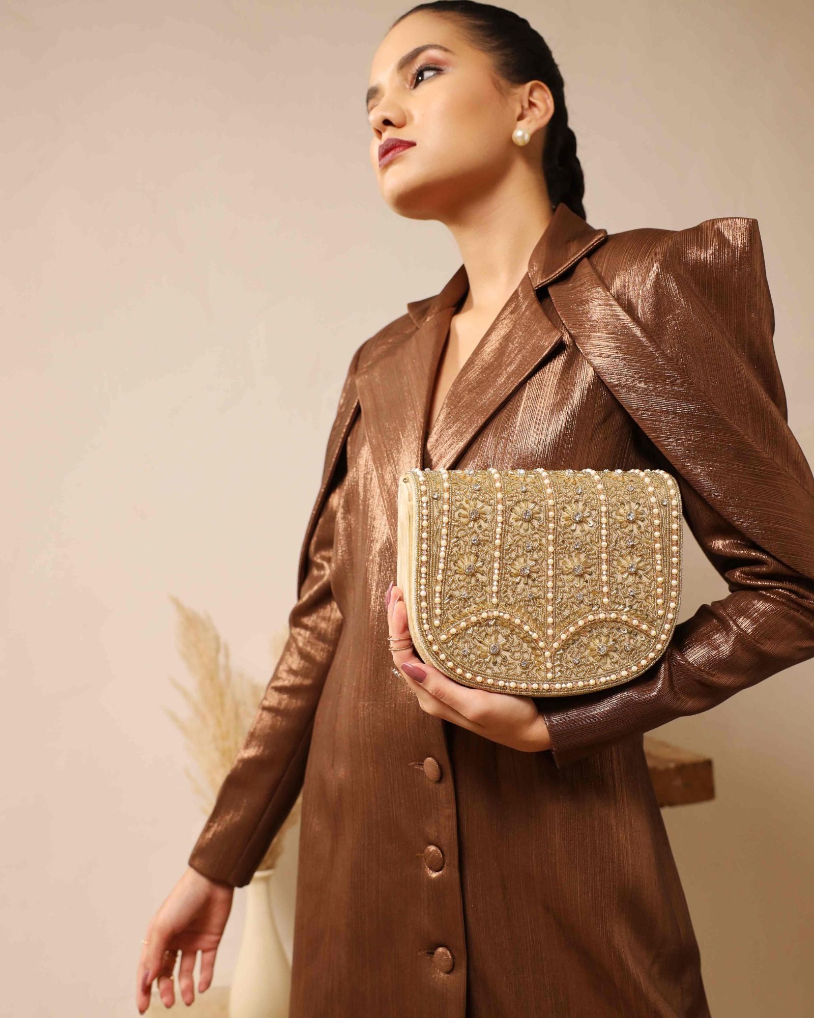 Kavya Beige Flap Over Bag with Handle