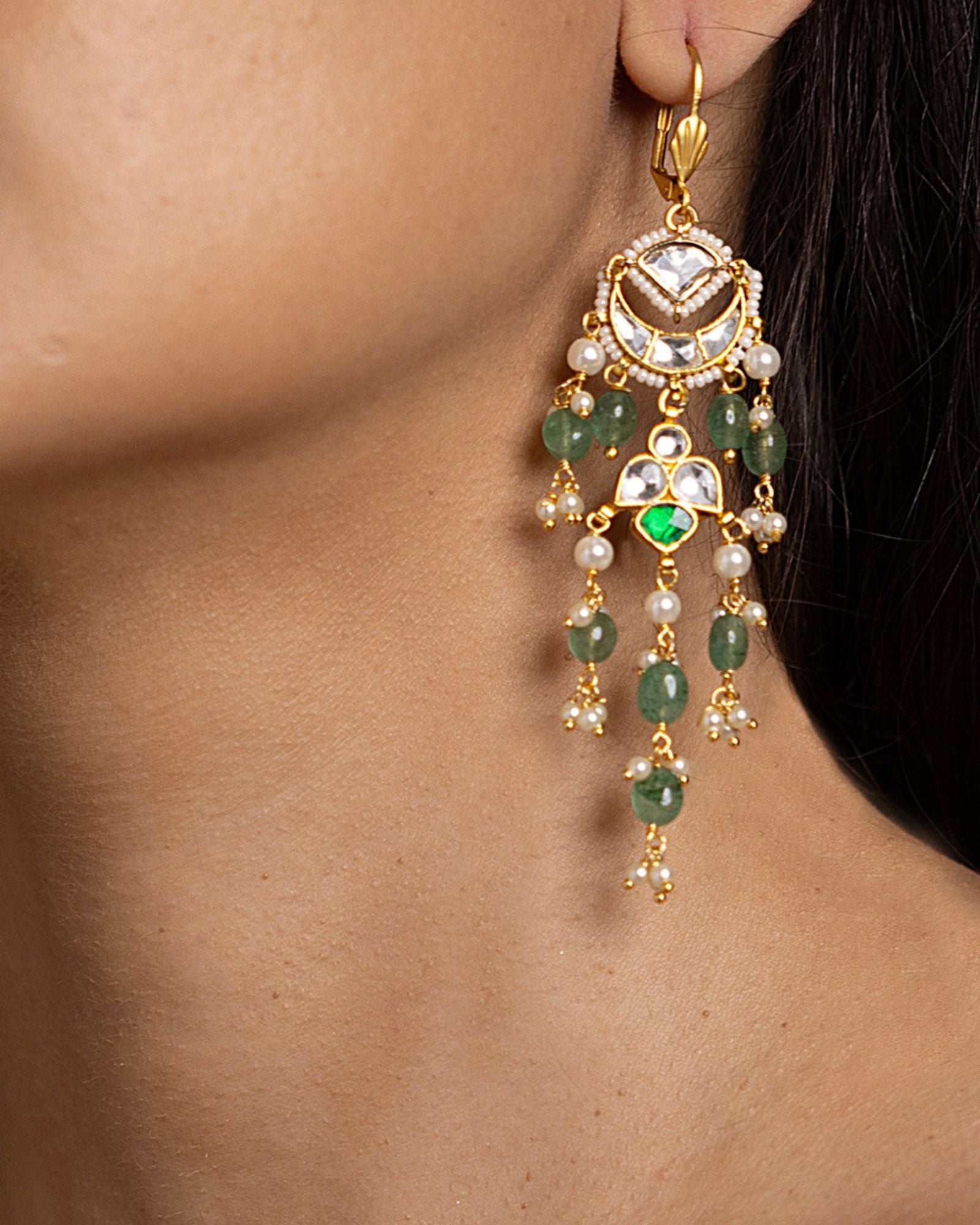 Green Kundan Dangler Earrings