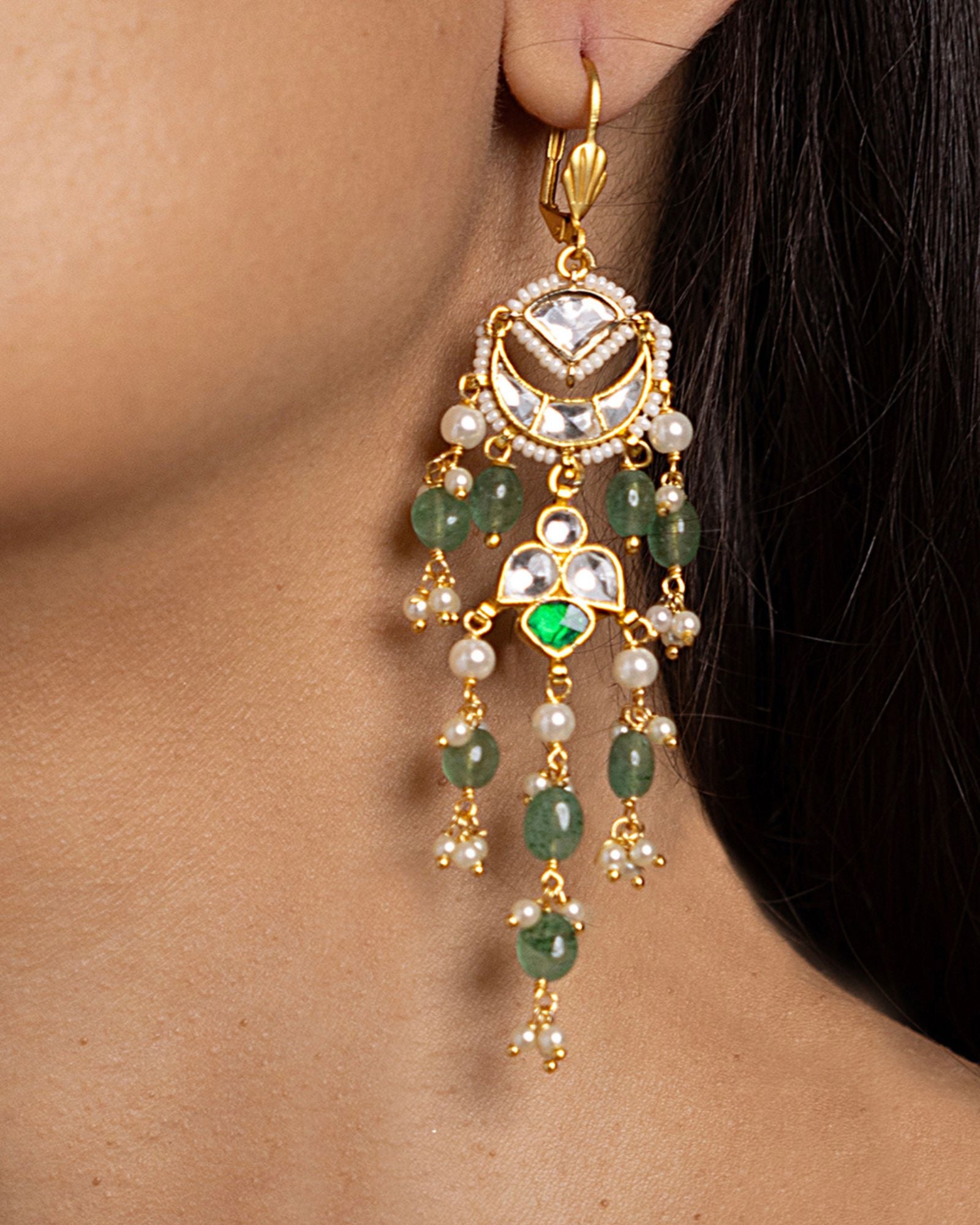 Green Kundan Dangler Earrings