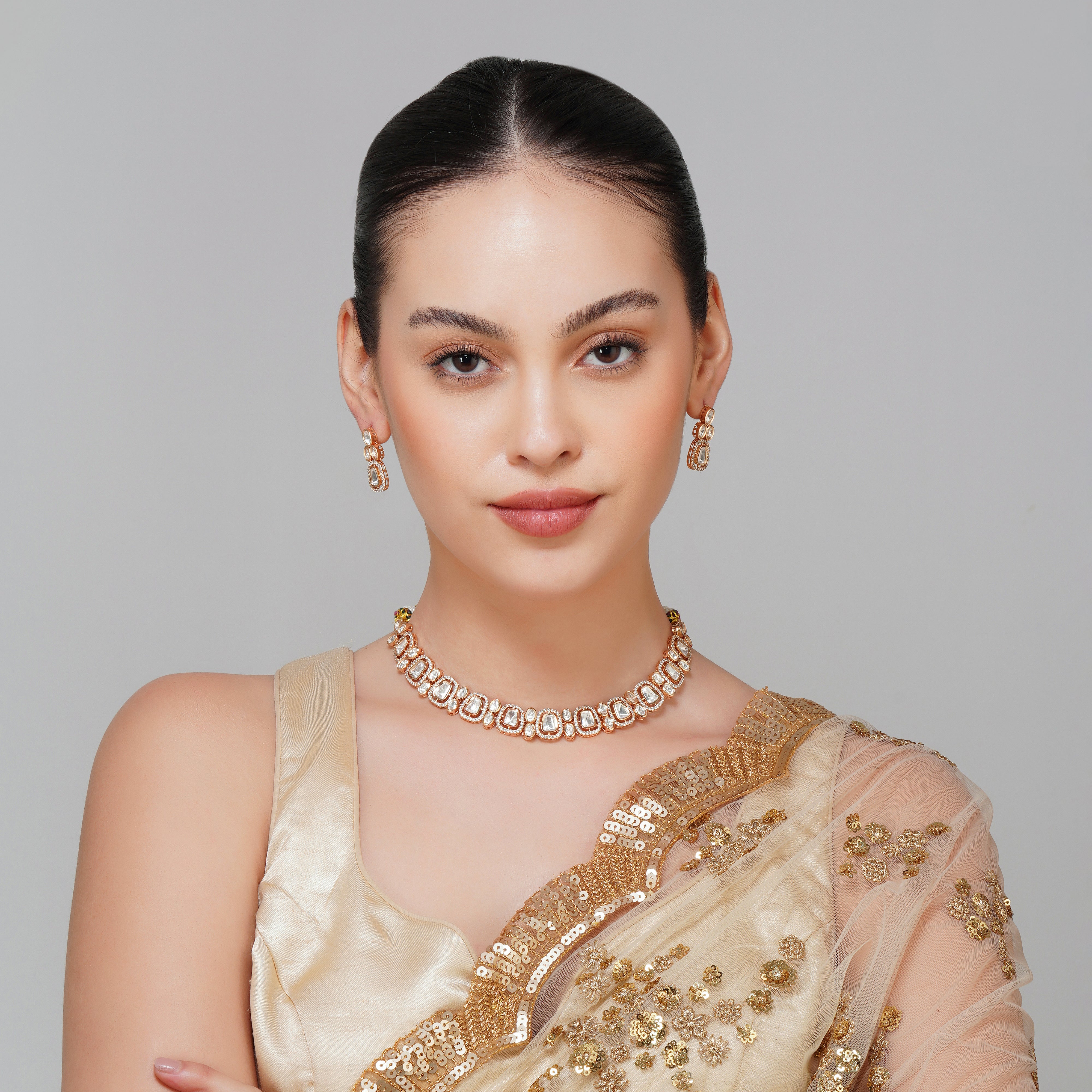 Gold Plated Single Line Kundan Necklace With Zircon