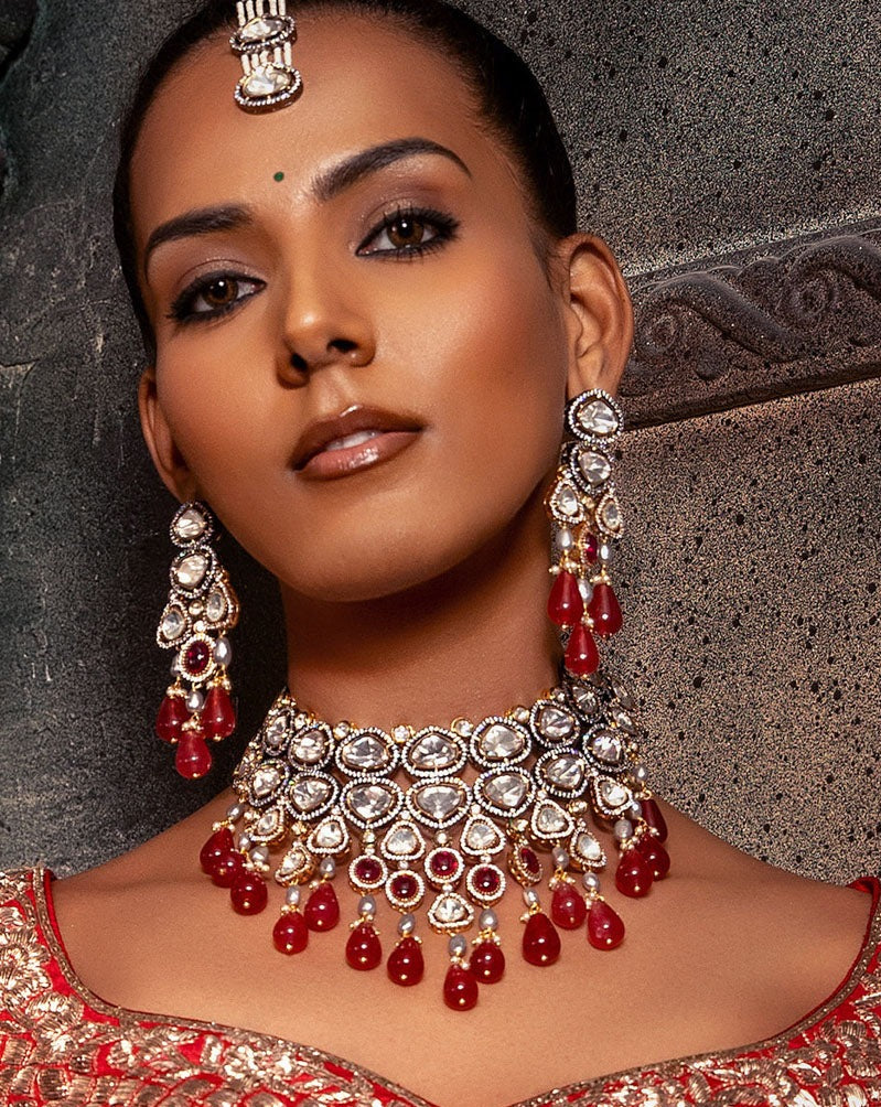 Red Polki Bridal Choker Set