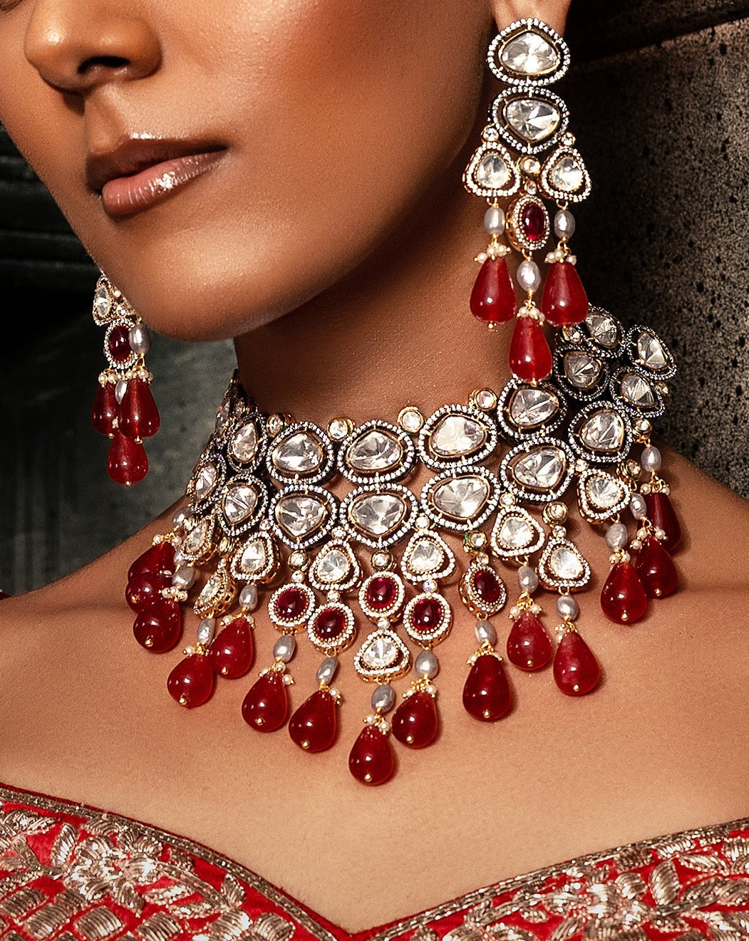 Red Polki Bridal Choker Set