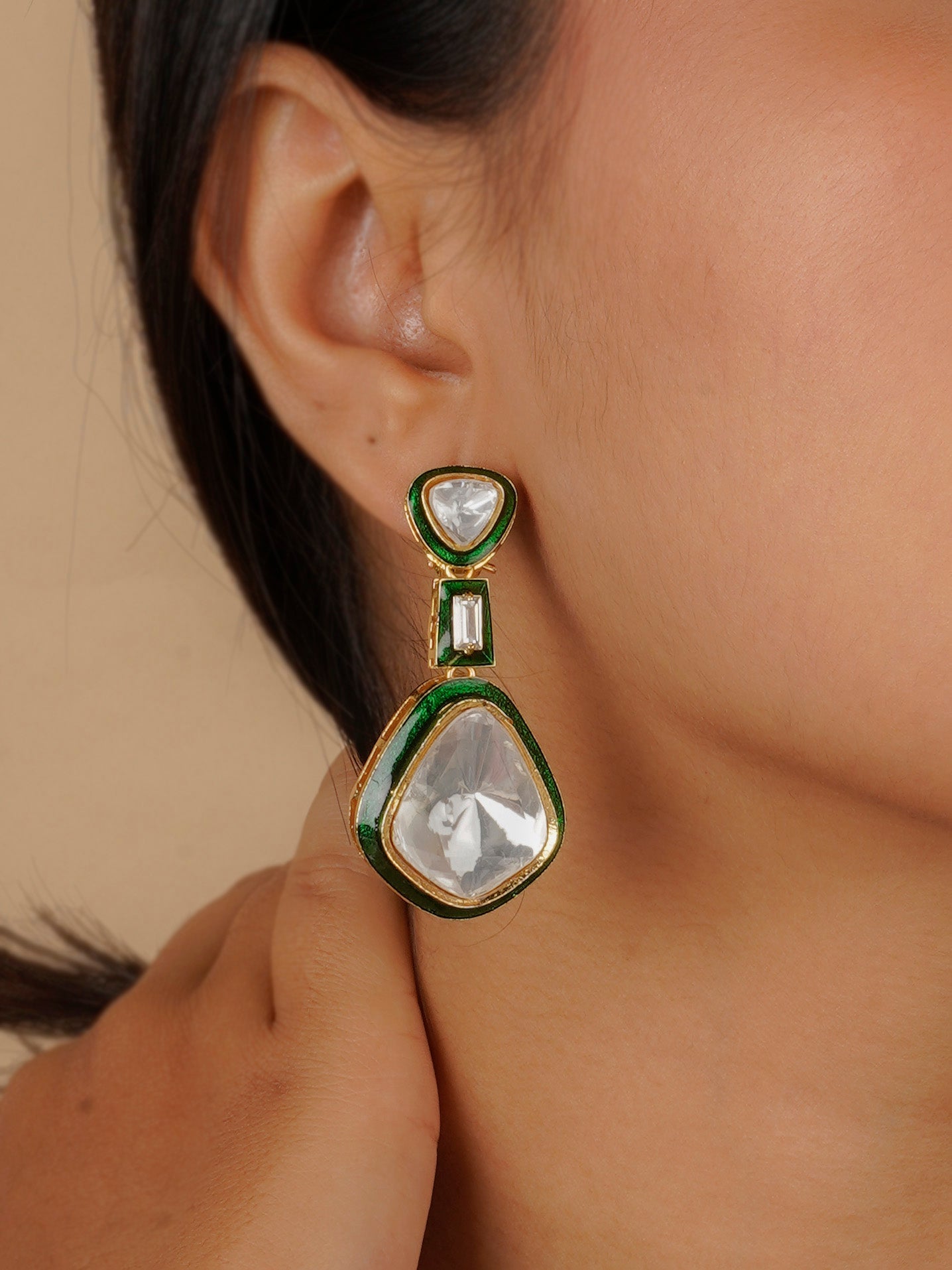 Green Color Gold Plated Contemporary Earrings - CC-EAR16