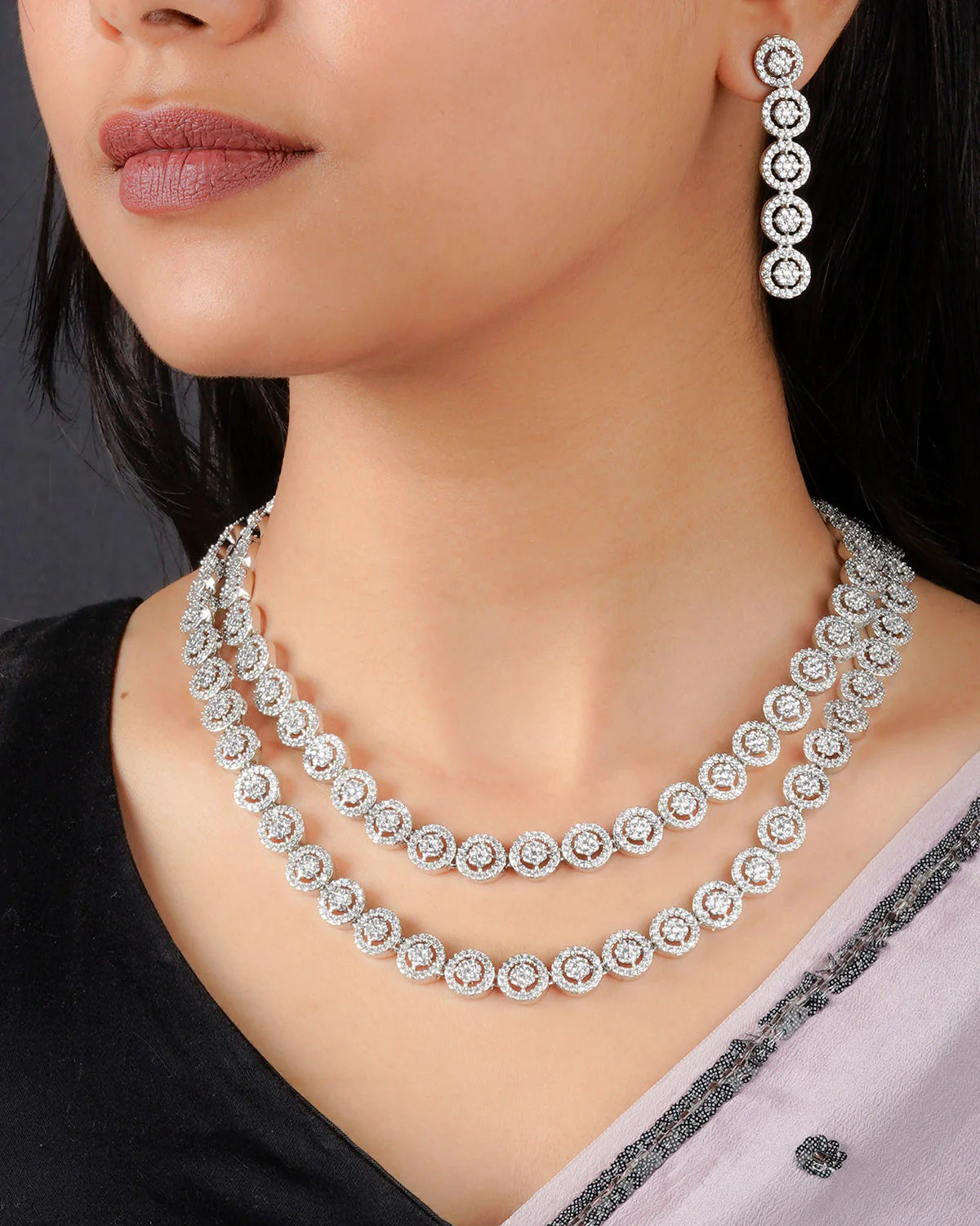 White Color Silver Plated Faux Diamond Necklace Set - CZSET309