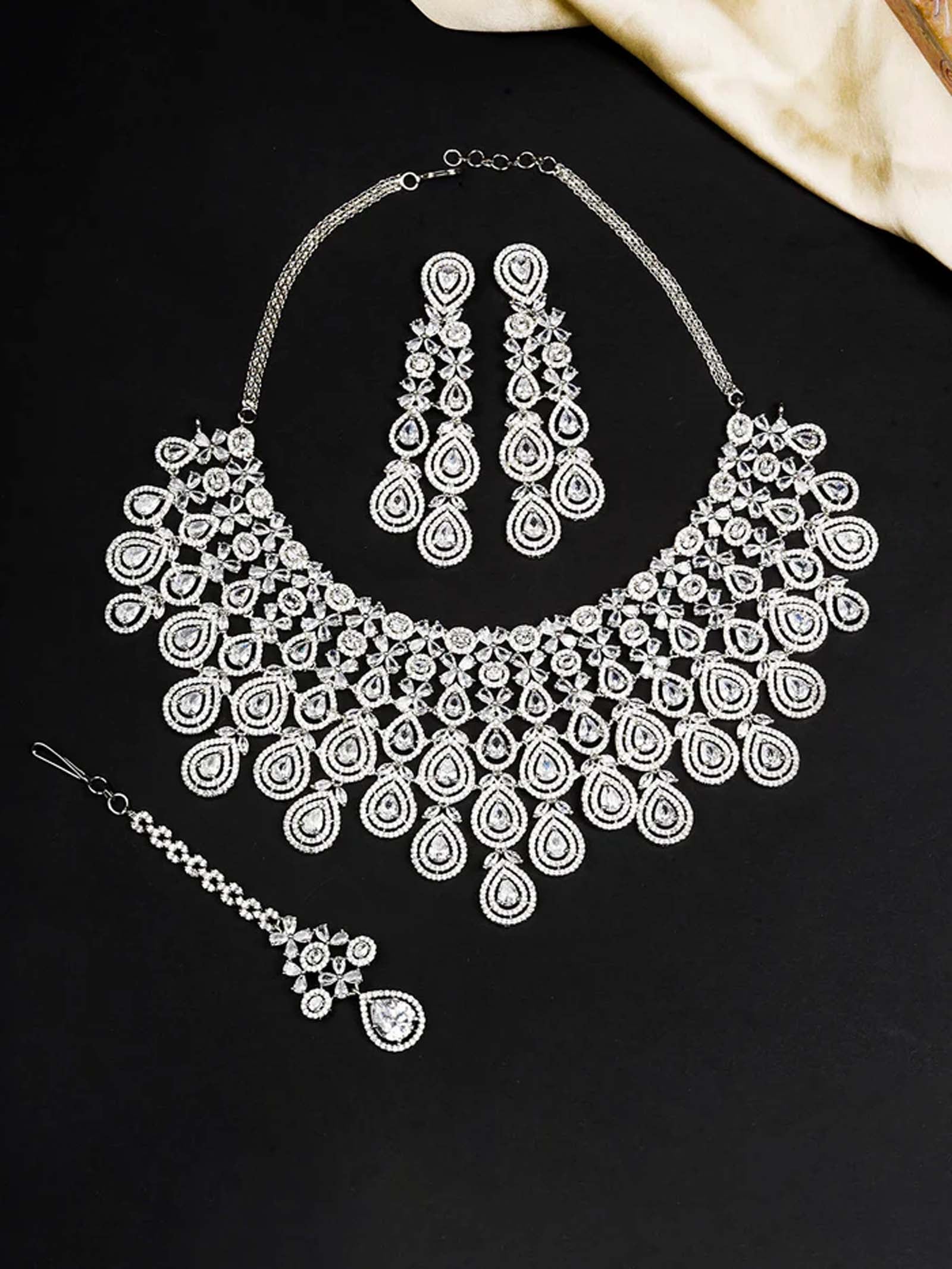 White Color Silver Plated Faux Diamond Bridal Necklace Set - CZSET322