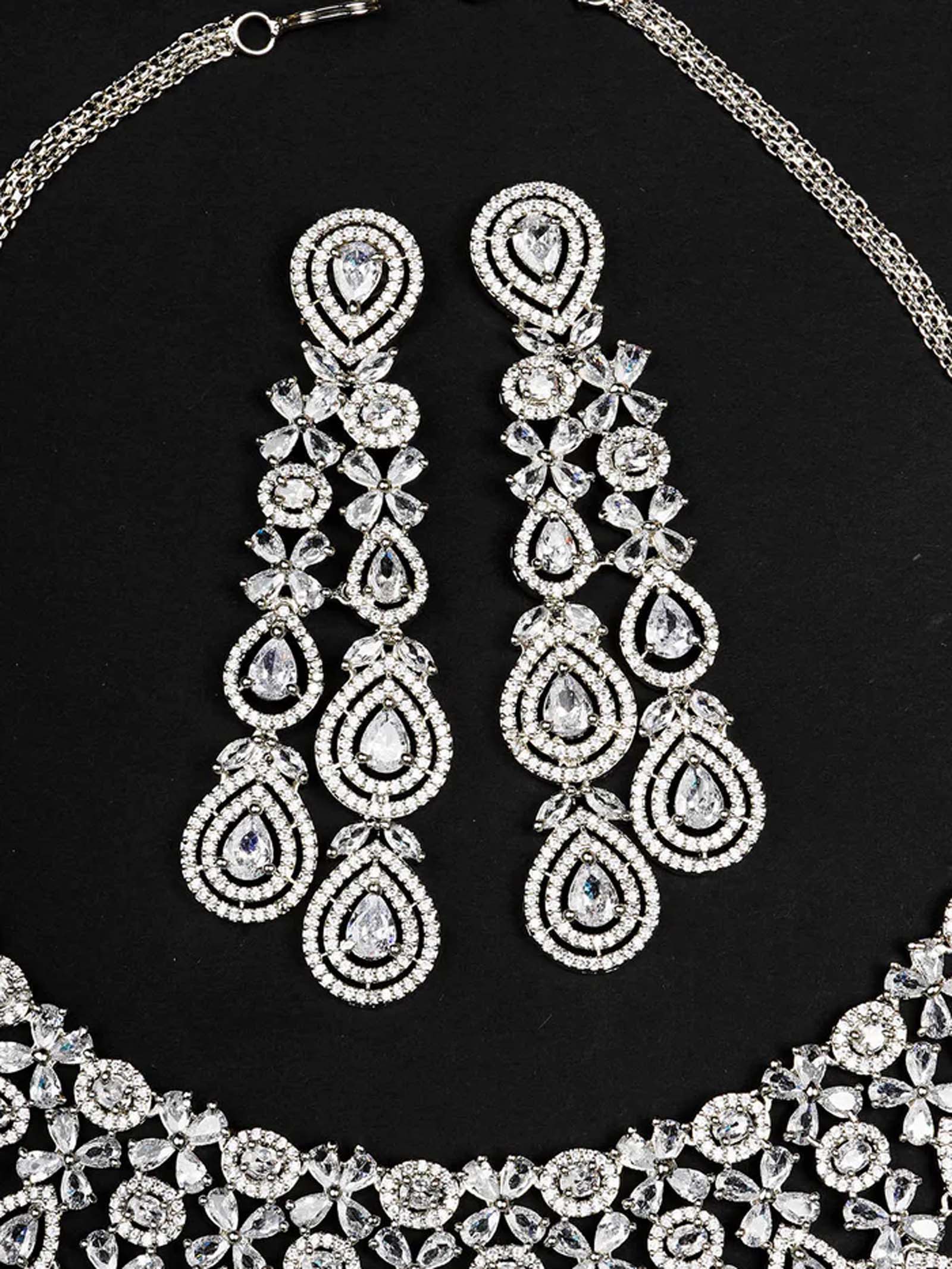 White Color Silver Plated Faux Diamond Bridal Necklace Set - CZSET322