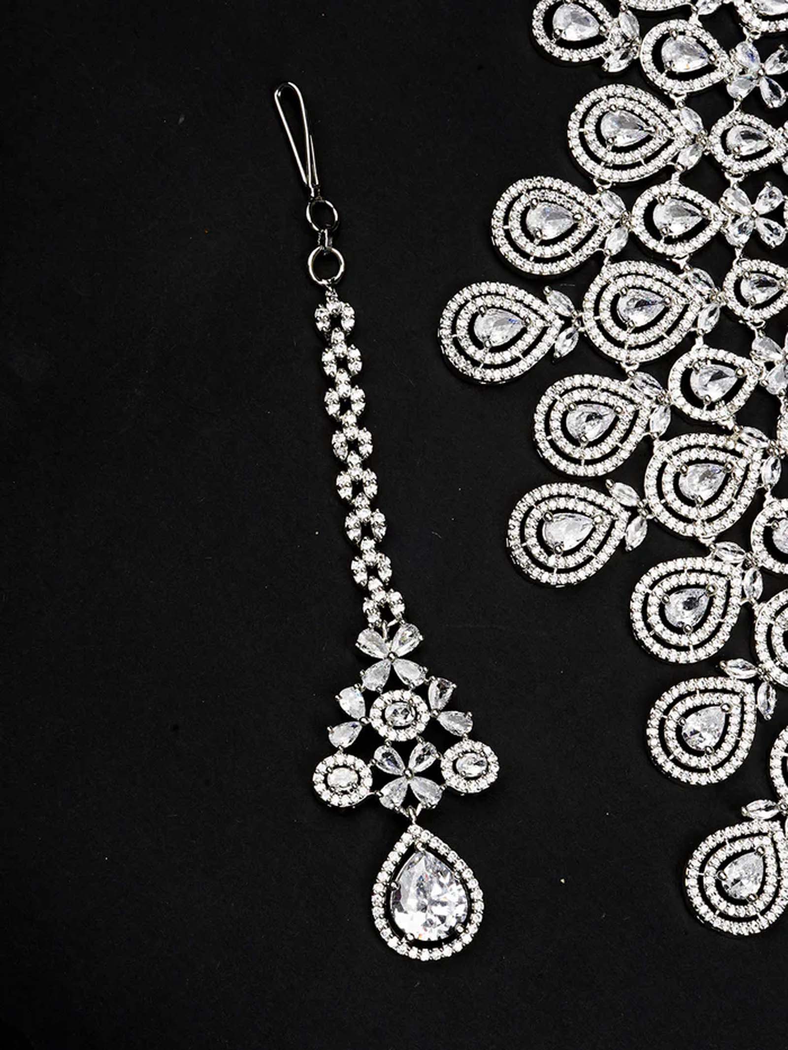 White Color Silver Plated Faux Diamond Bridal Necklace Set - CZSET322