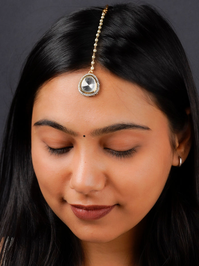 White Color Gold Plated Faux Diamond Maangteeka - CZT26