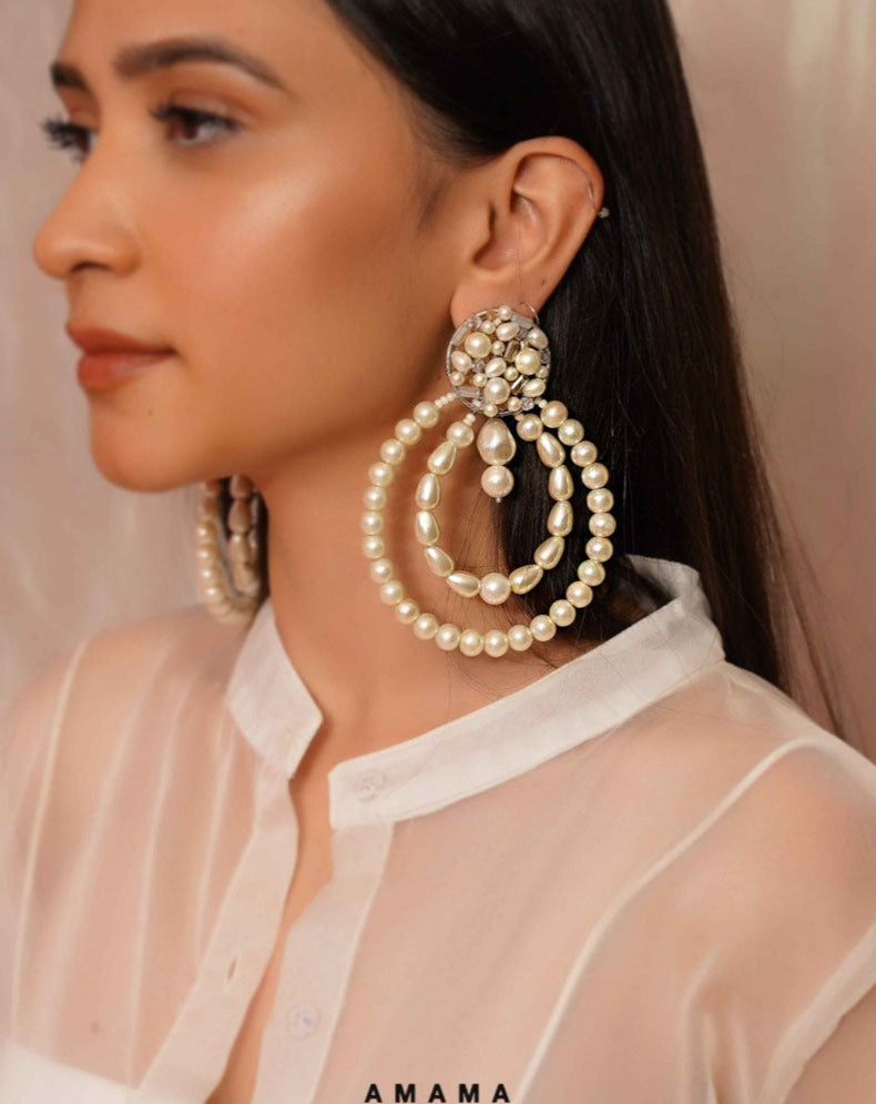 Double Ring Pearl Earrings
