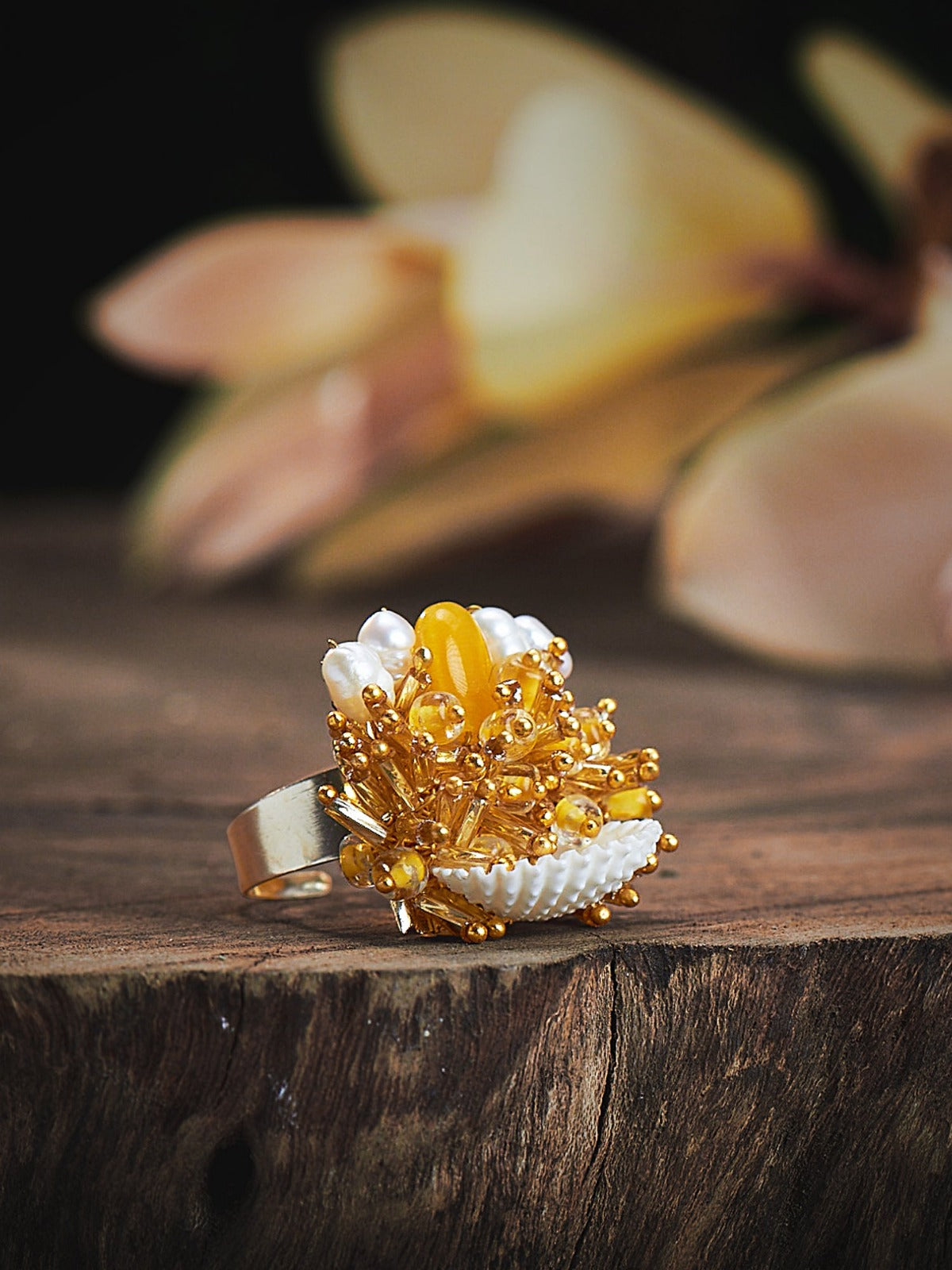 Plumeria Shell Yellow Beaded Ring