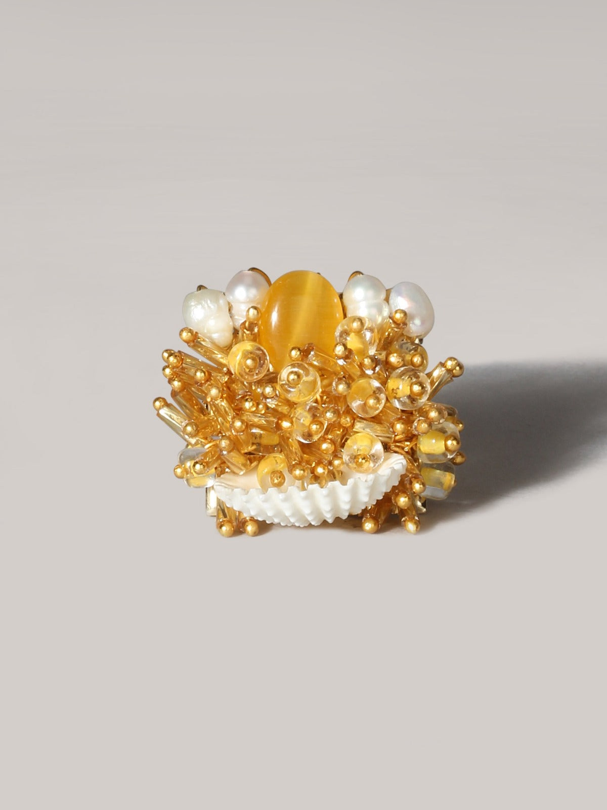 Plumeria Shell Yellow Beaded Ring