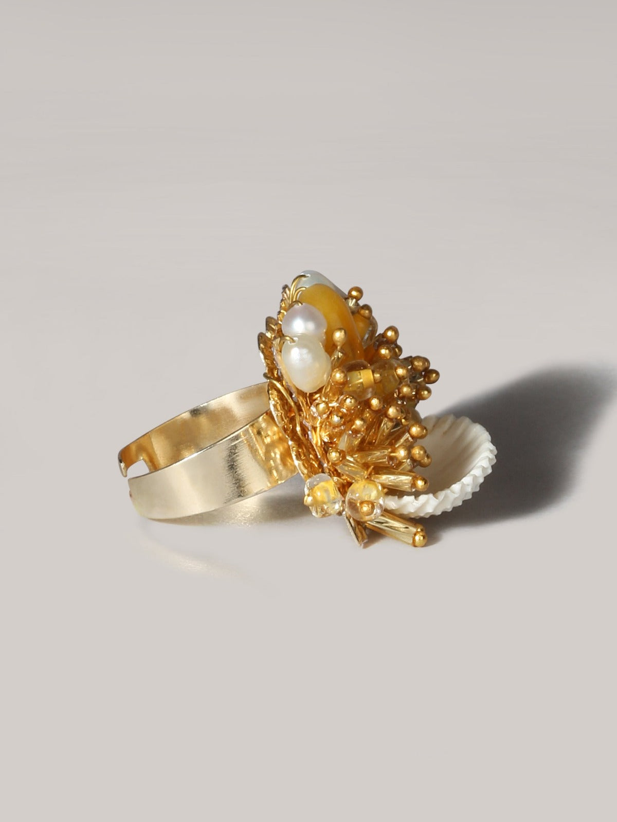 Plumeria Shell Yellow Beaded Ring