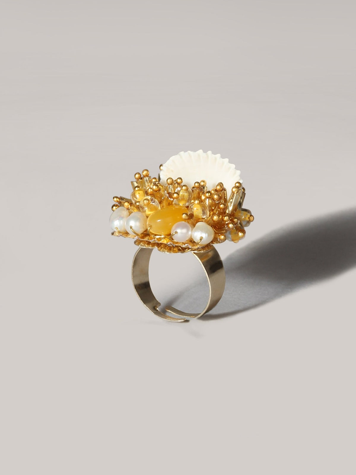 Plumeria Shell Yellow Beaded Ring