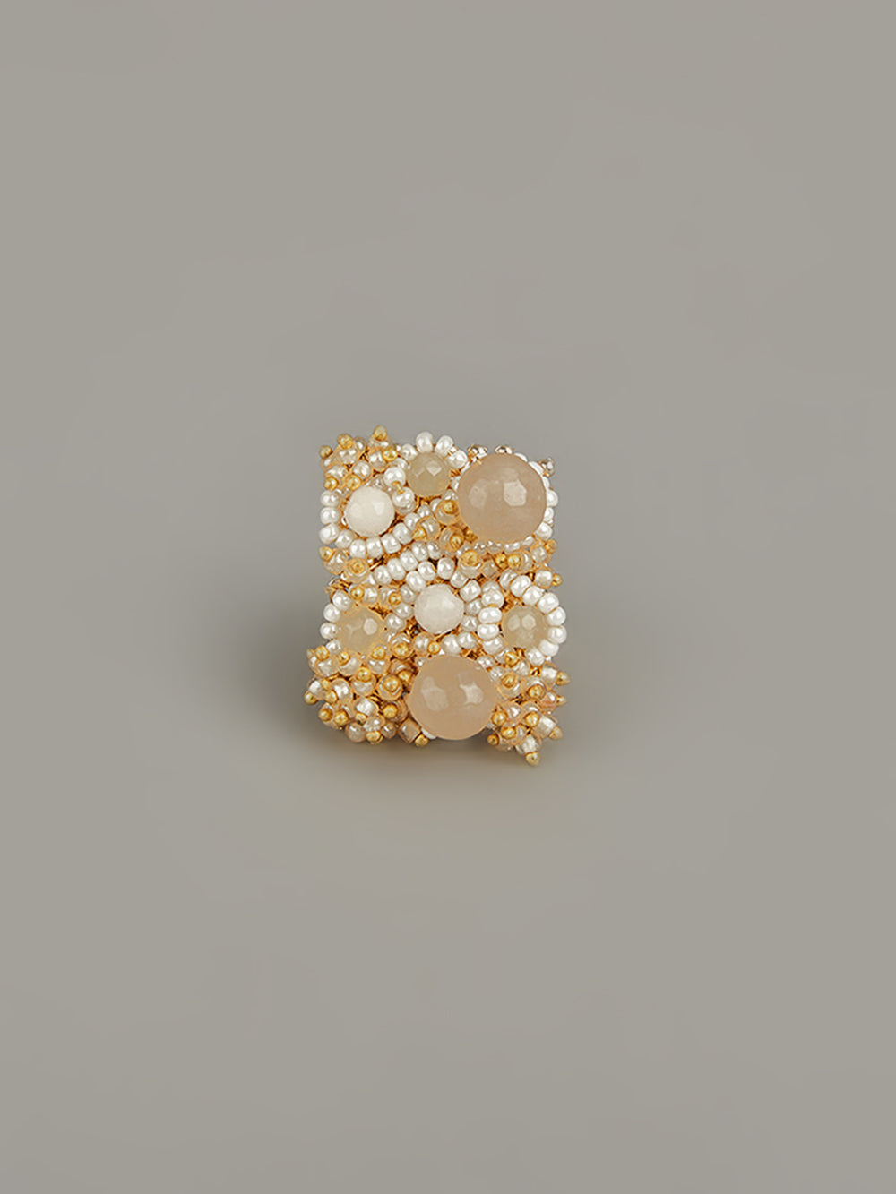 Handcrafted Stone Studded Beige & Gold Ring