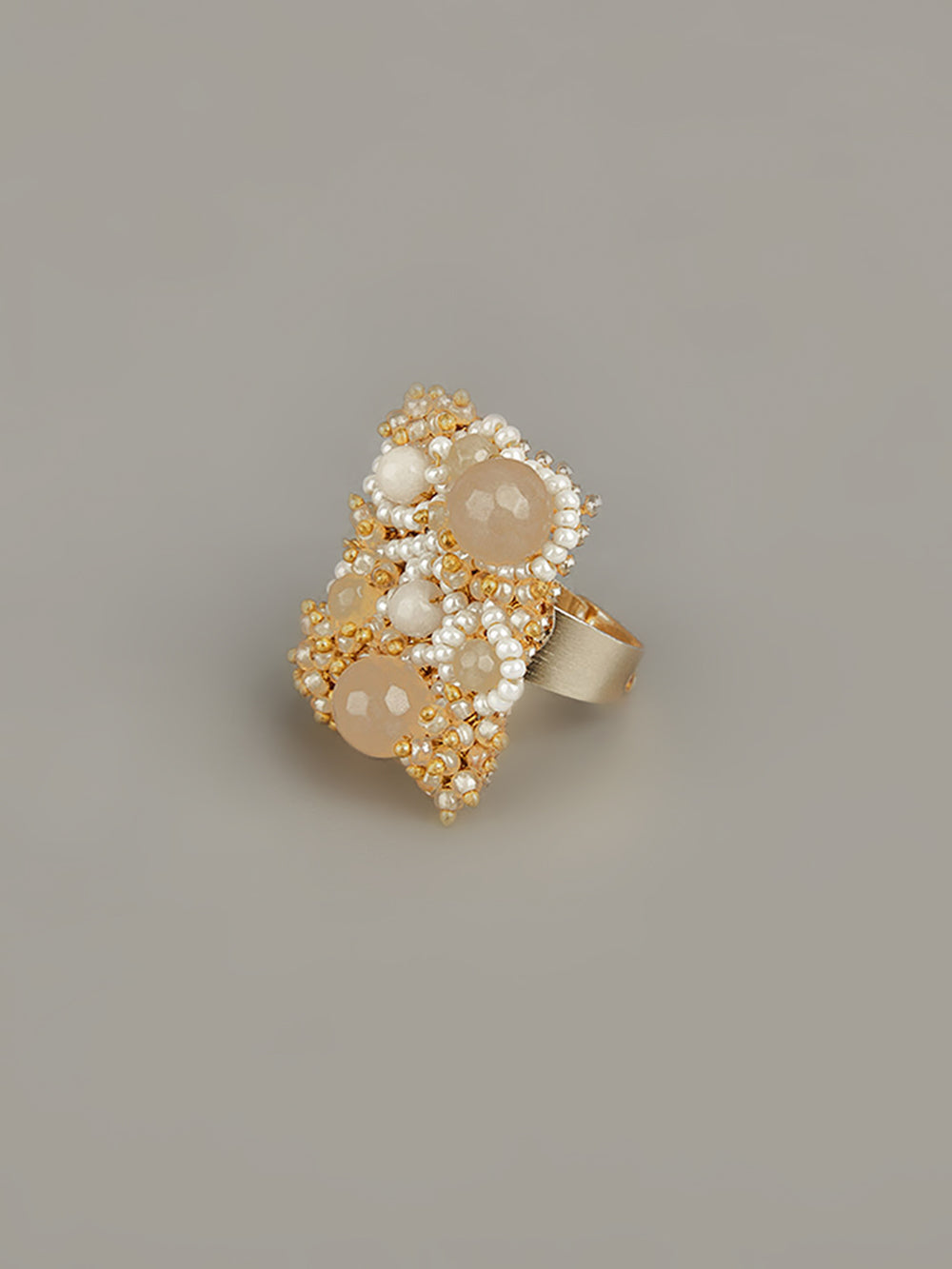 Handcrafted Stone Studded Beige & Gold Ring