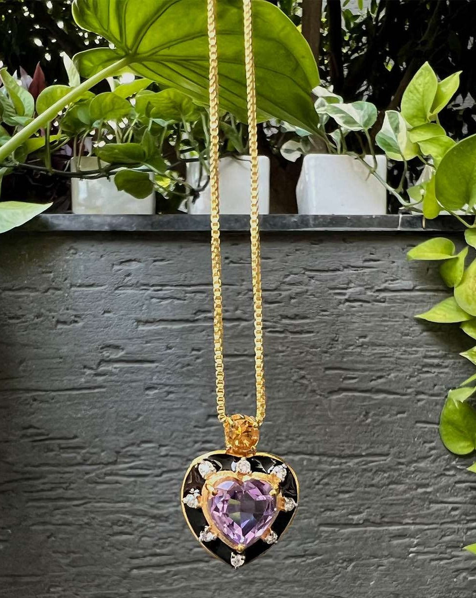 Amethyst And Citrine Heart Pendant With Black Enamel