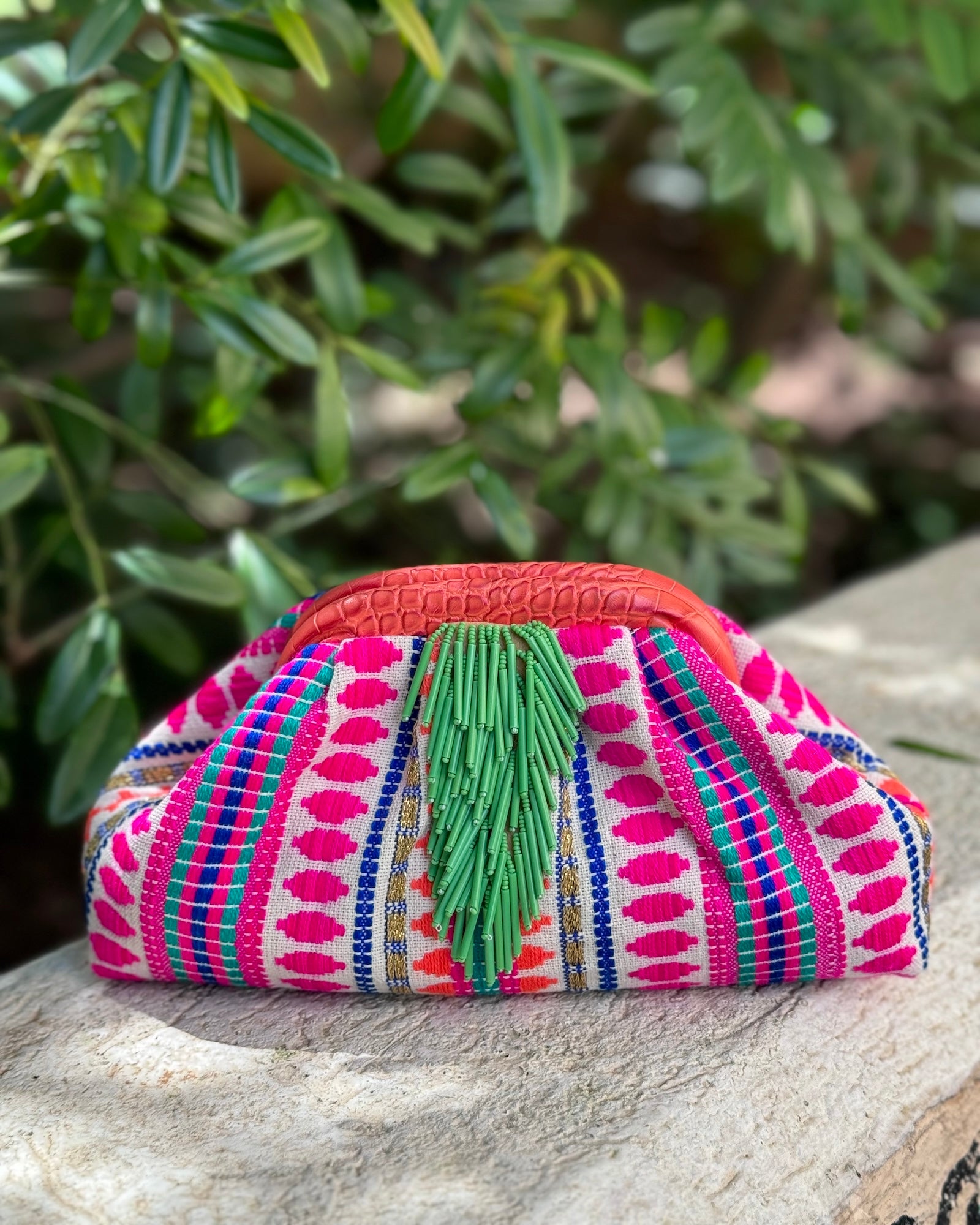 BOHO PUFF BAG GREEN PINK