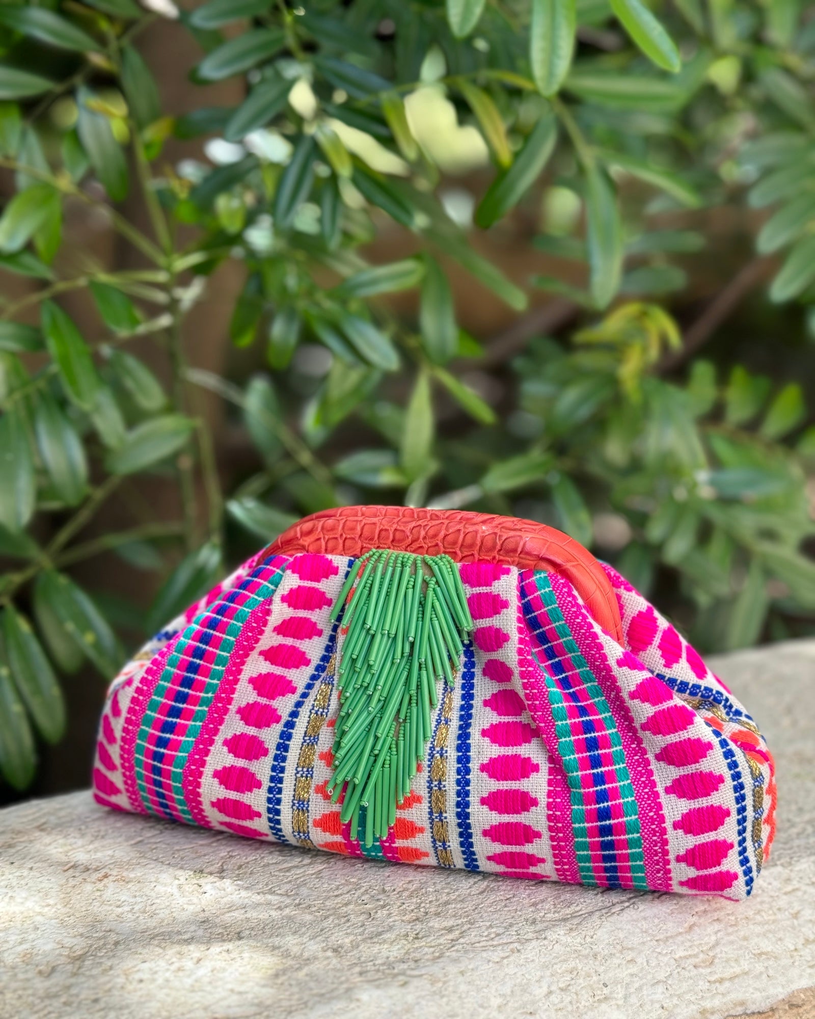 BOHO PUFF BAG GREEN PINK