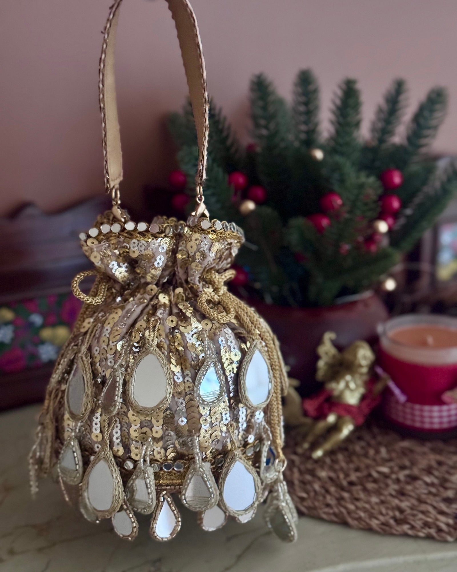 SEQUINNED POTLI WITH MIRROR HANGINGS