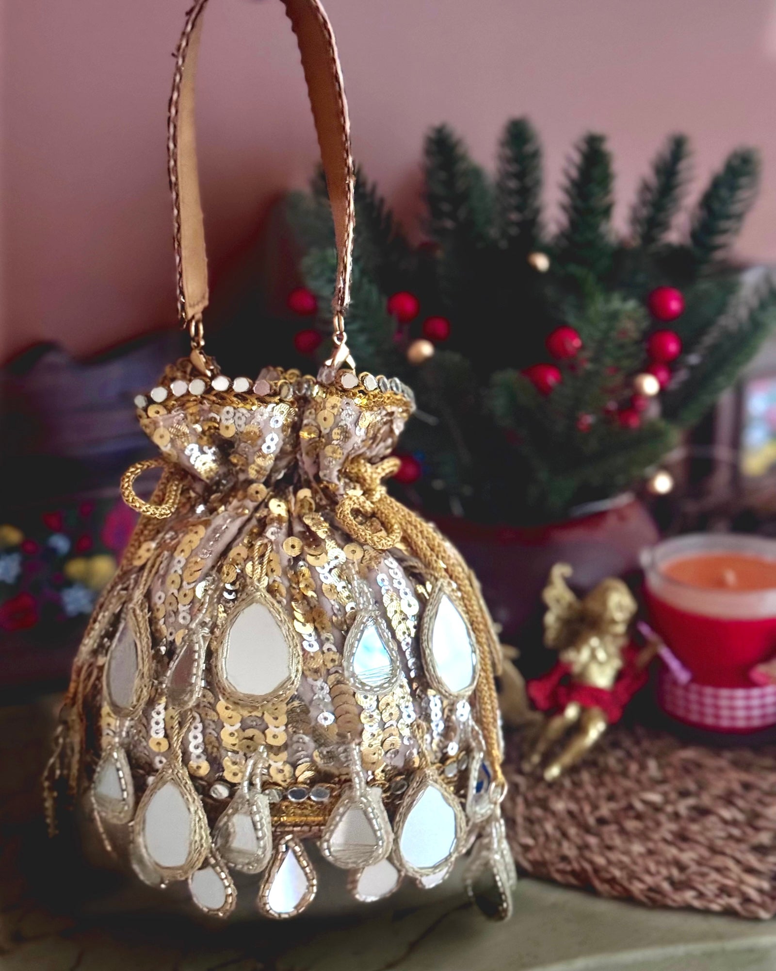 SEQUINNED POTLI WITH MIRROR HANGINGS