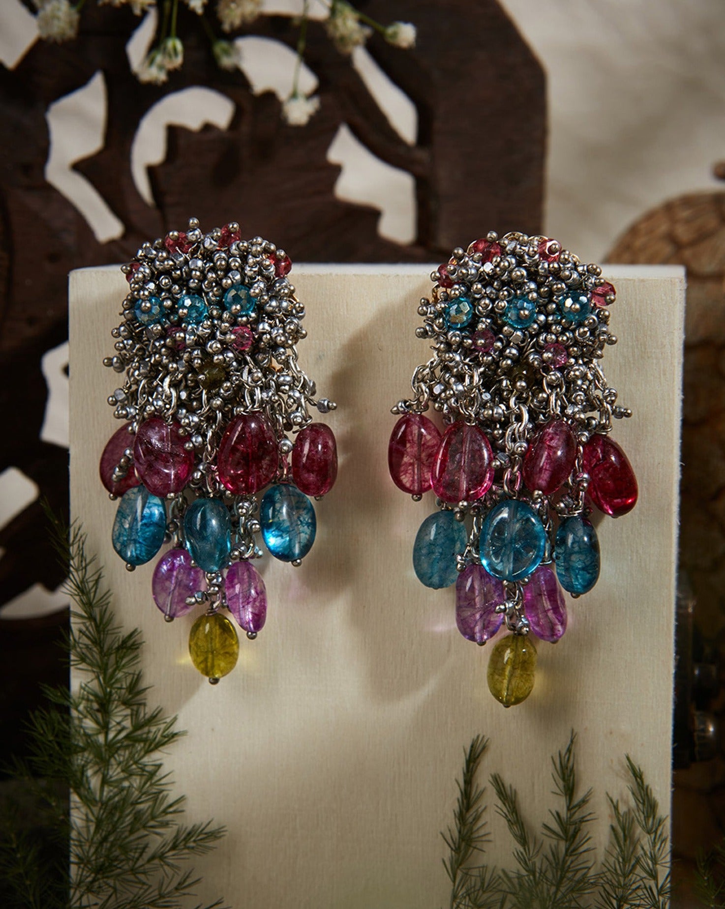 Multicolour Stone Shell Tassel Earrings