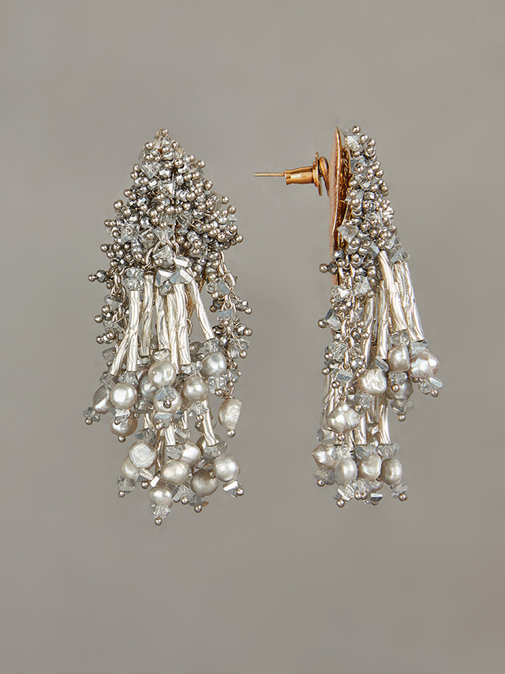 Handcrafted Metallic Beads And Pearl Drop Earrings