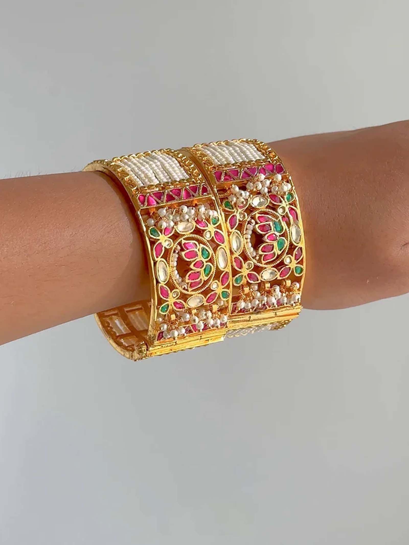 Multicolor Gold Plated Jadau Kundan Bangles - MB158M