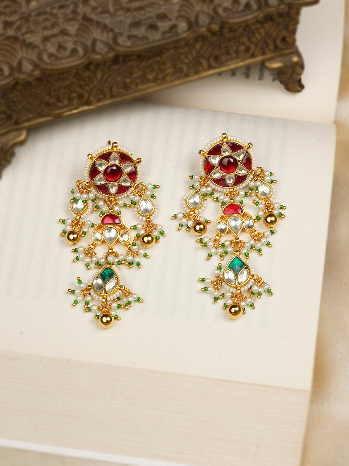 Red Color Gold Plated Jadau Kundan Earrings - ME1097YR