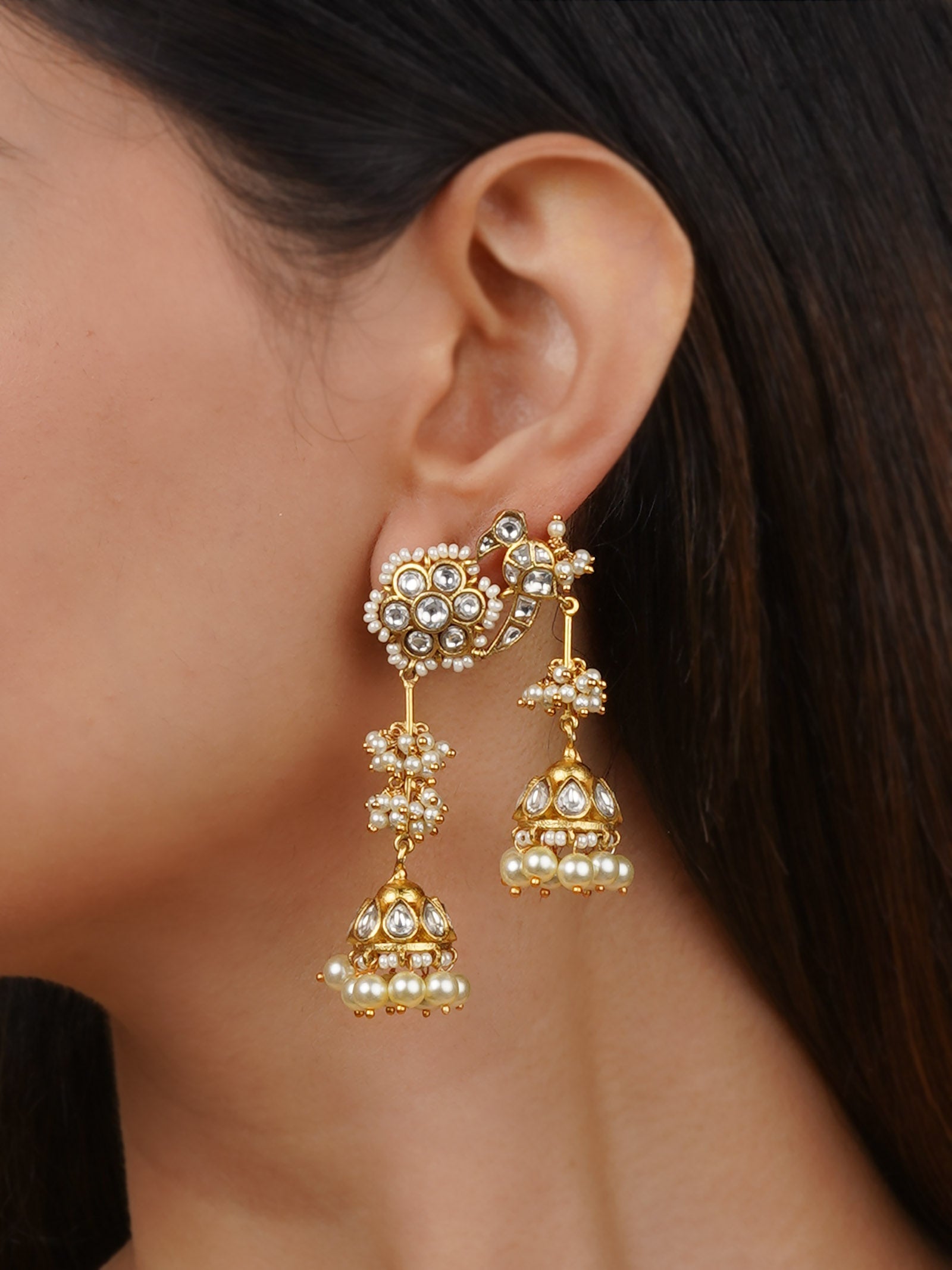 White Color Gold Plated Jadau Kundan Earrings - ME1153