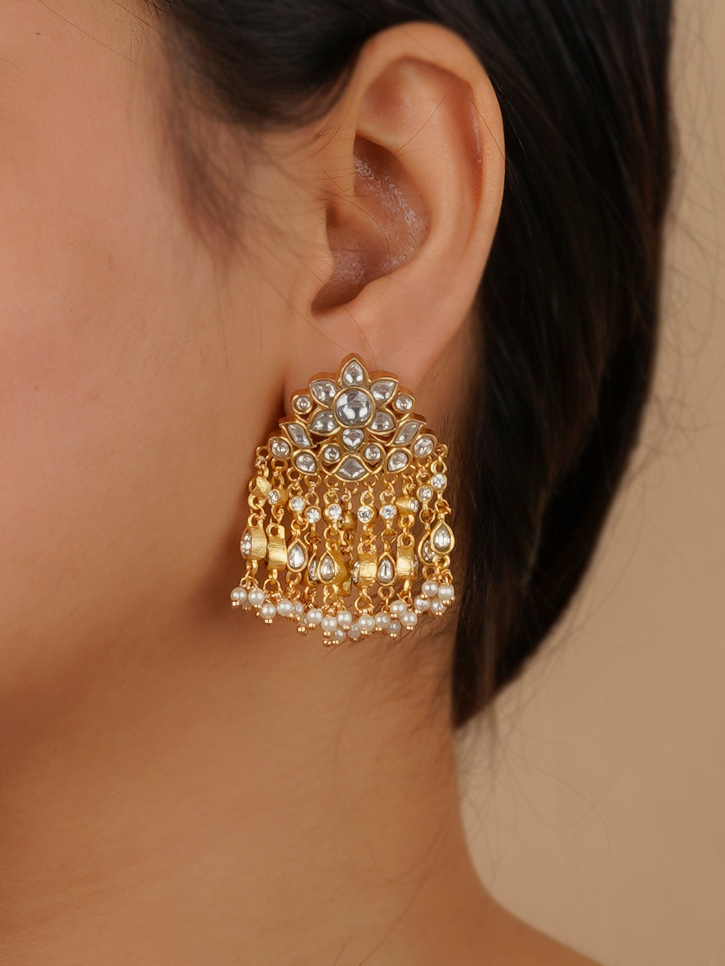 White Color Gold Plated Jadau Kundan Earrings - ME1176