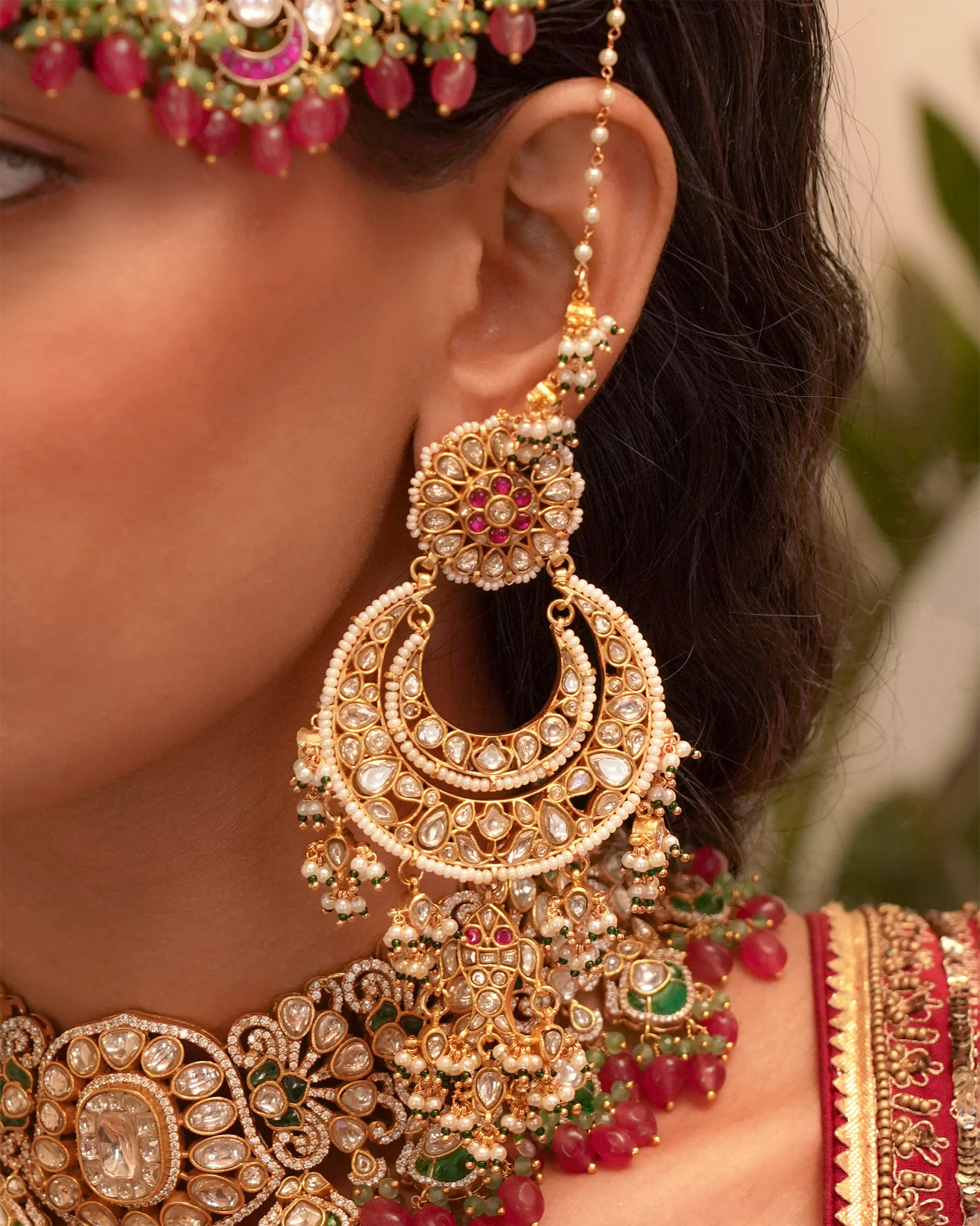 Pink Color Gold Plated Jadau Kundan Earrings (Matsya Chandbali) - ME1190WP