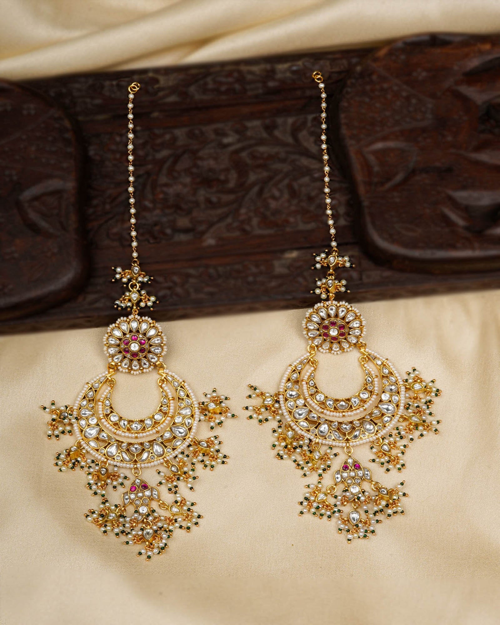 Pink Color Gold Plated Jadau Kundan Earrings (Matsya Chandbali) - ME1190WP