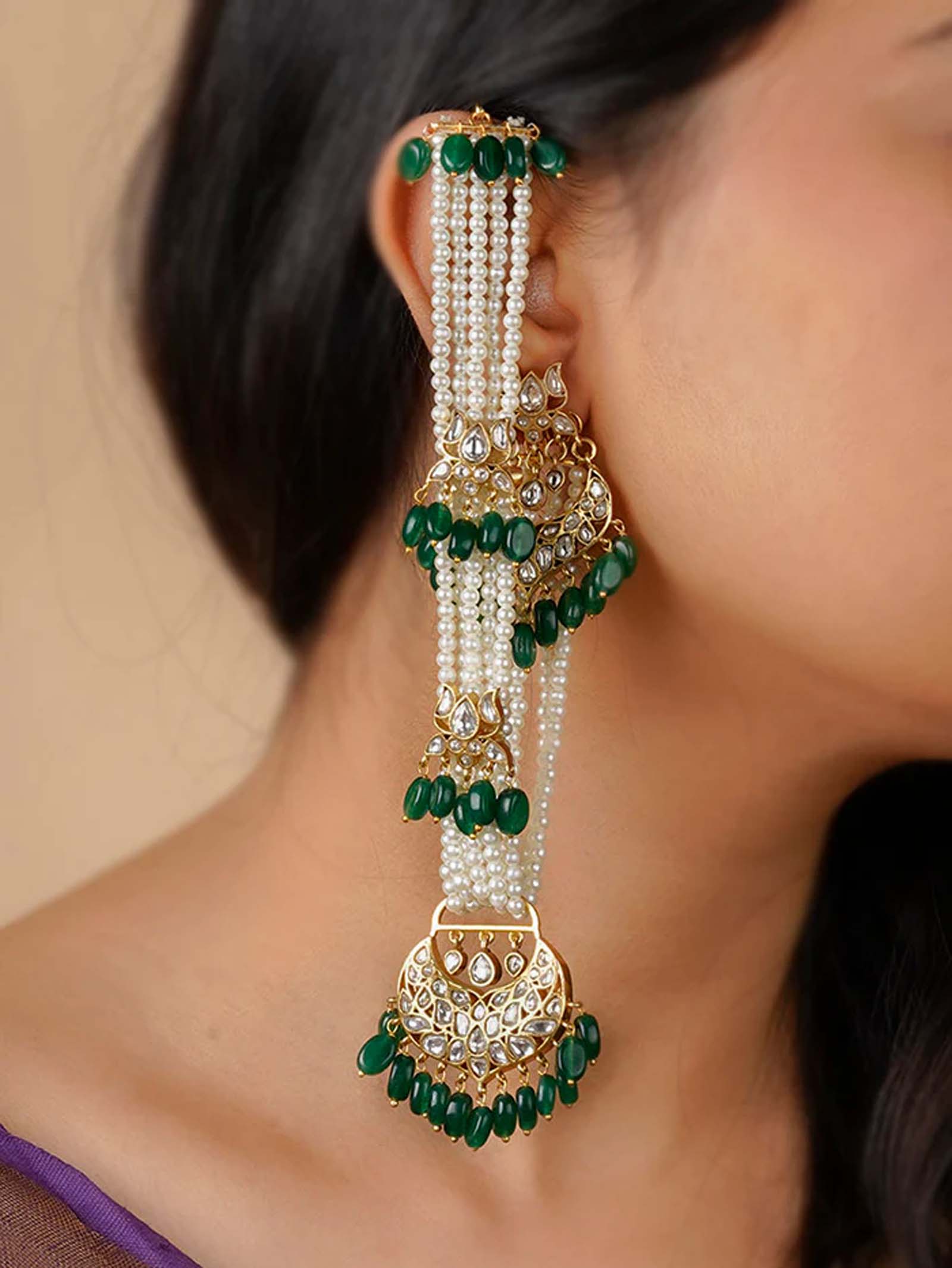 Green Color Gold Plated Jadau Kundan Earrings - ME1203