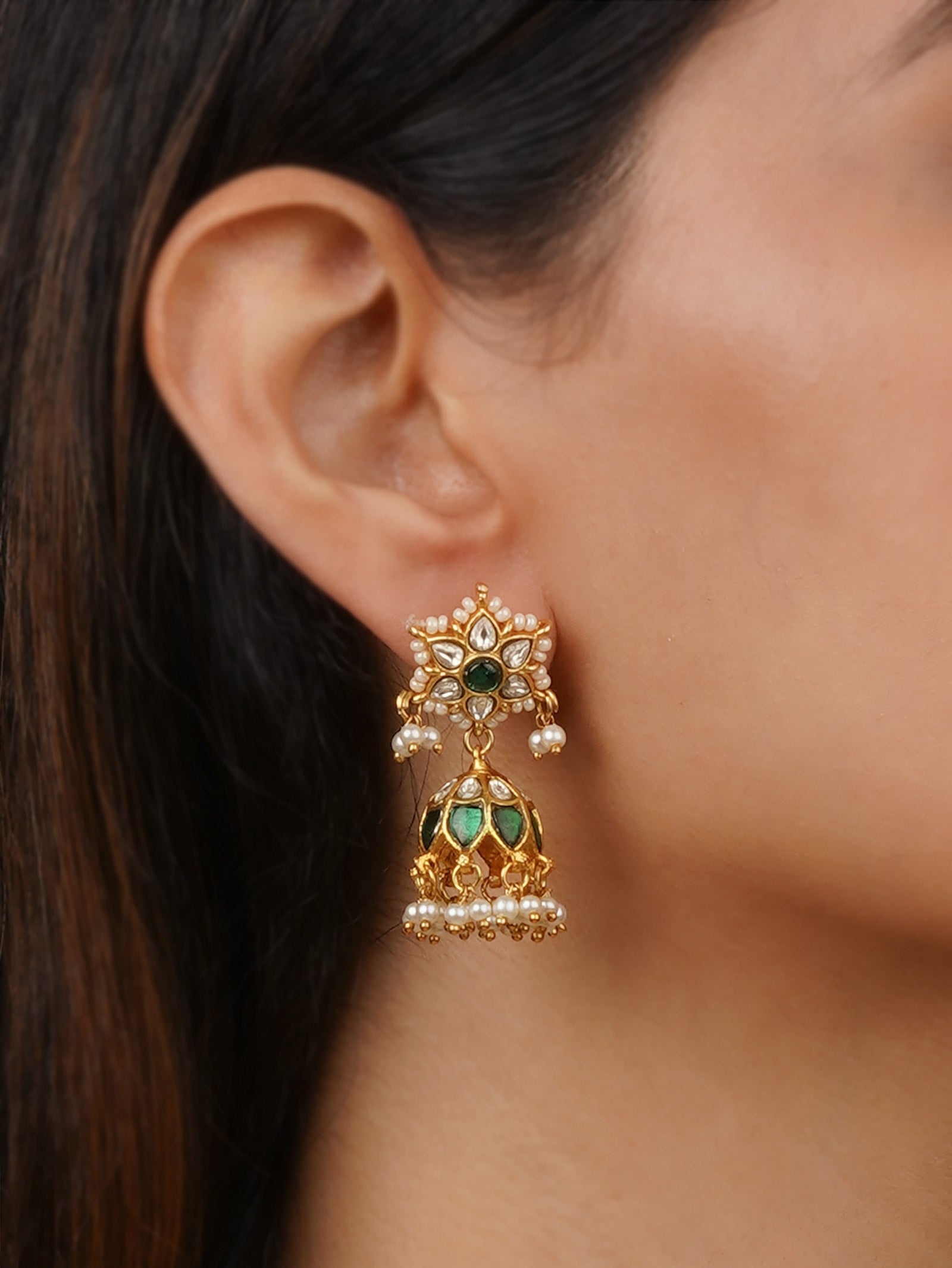 Green Color Gold Plated Jadau Kundan Earrings - ME1266WGR