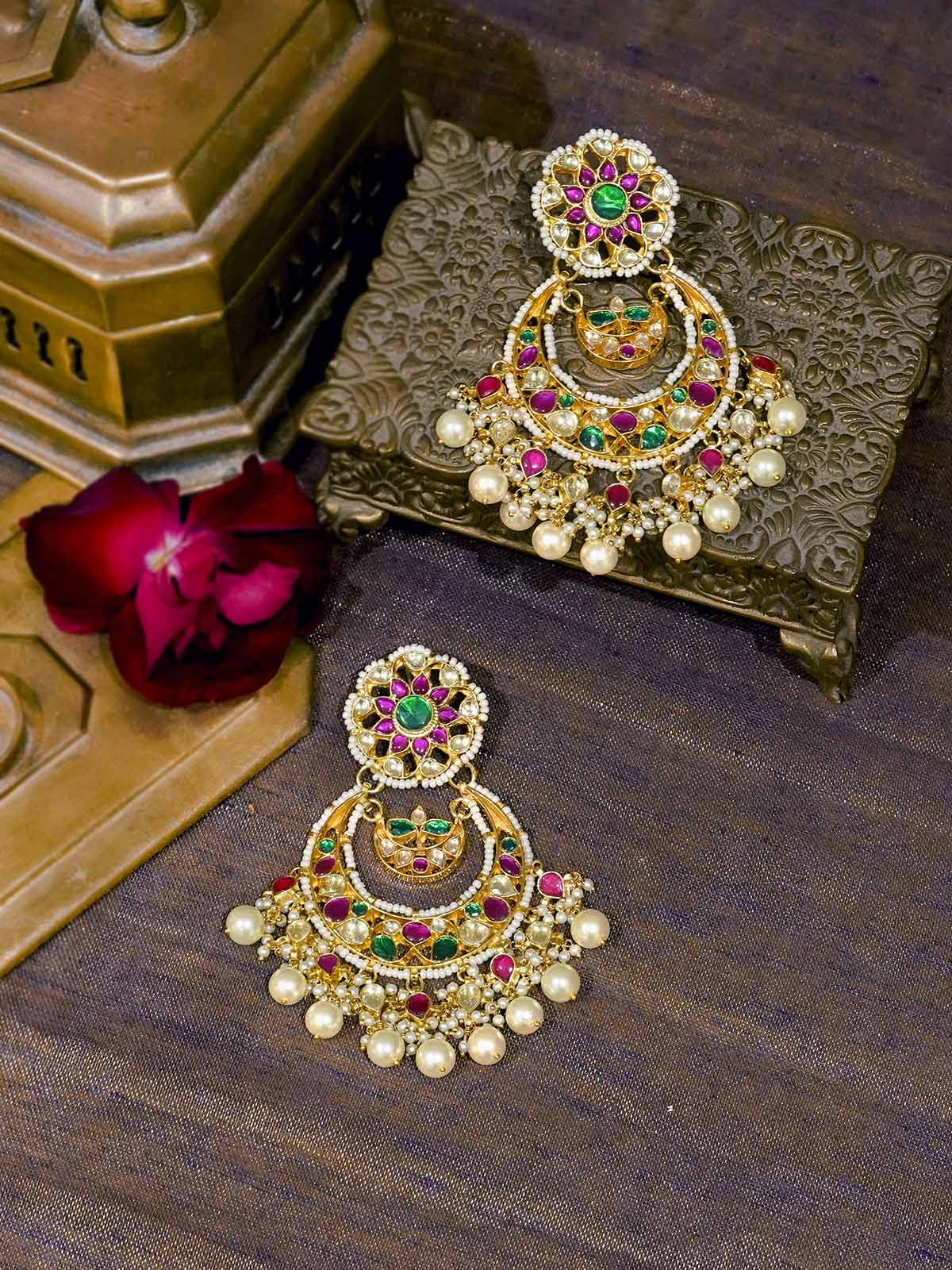 Multicolor Gold Plated Jadau Kundan Earrings - ME1M