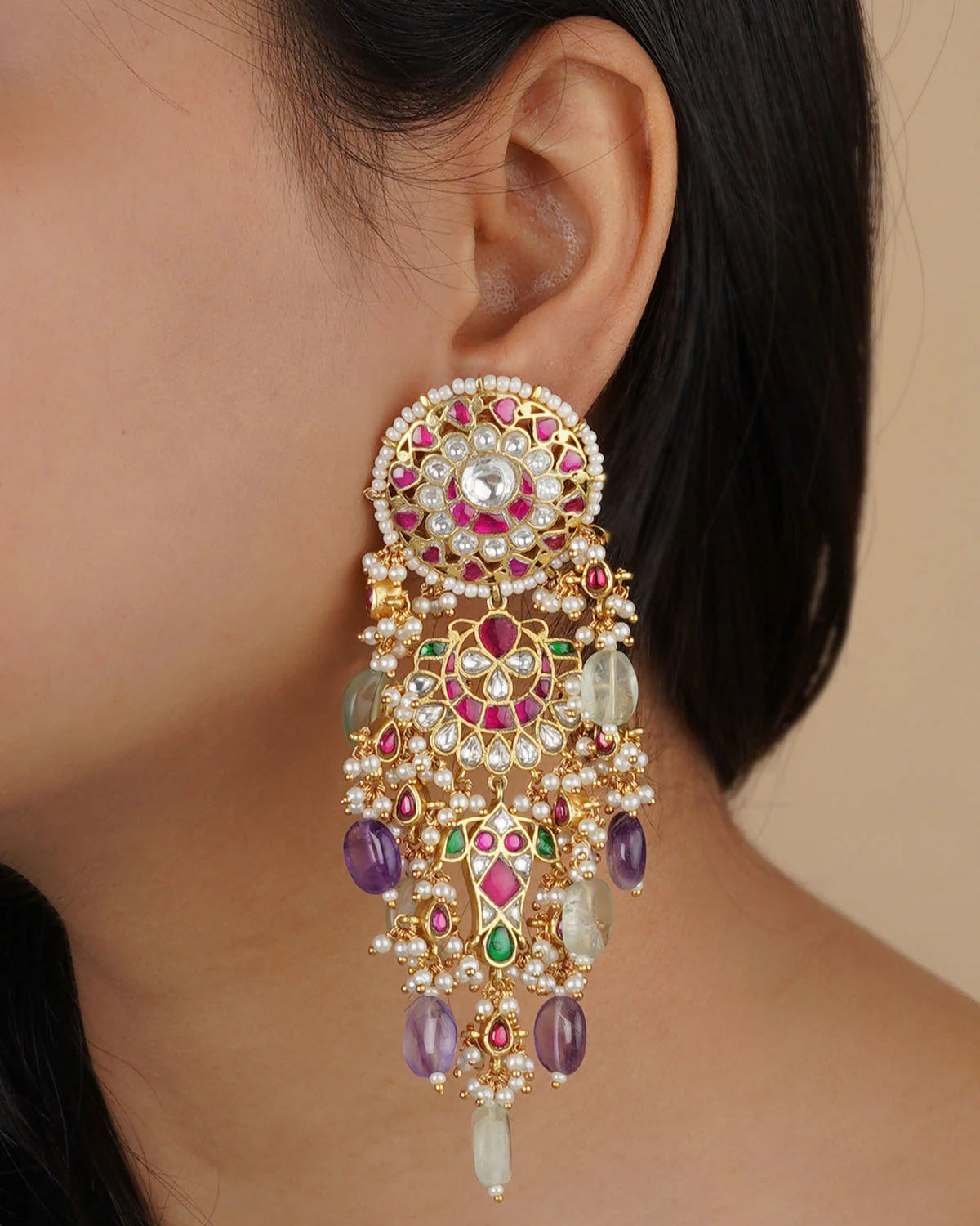 Multicolor Gold Plated Jadau Kundan Earrings - ME723M