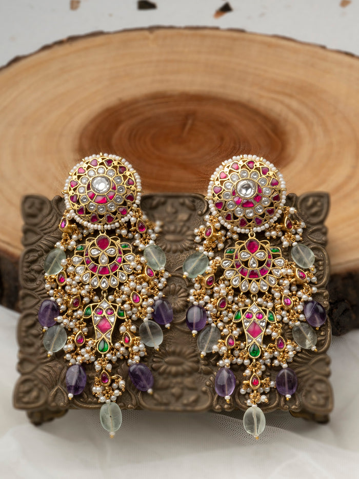 Multicolor Gold Plated Jadau Kundan Earrings - ME723M