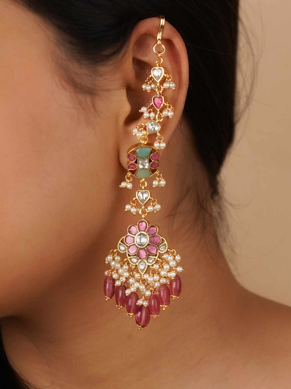 Multicolor Gold Plated Jadau Kundan Earrings - ME970M