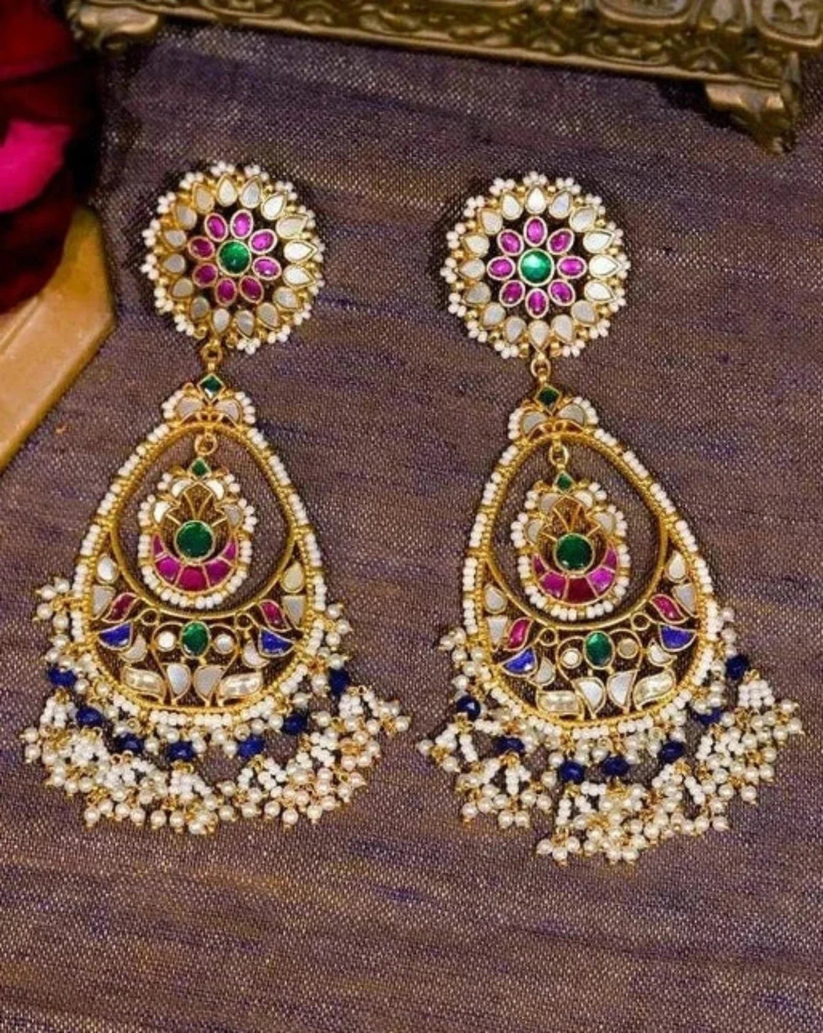 Multicolor Gold Plated Jadau Kundan Earrings - ME974M 