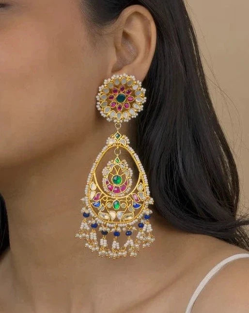 Multicolor Gold Plated Jadau Kundan Earrings - ME974M 