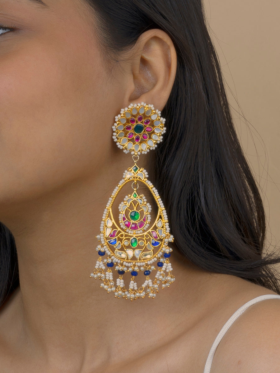 Multicolor Gold Plated Jadau Kundan Earrings - ME974M