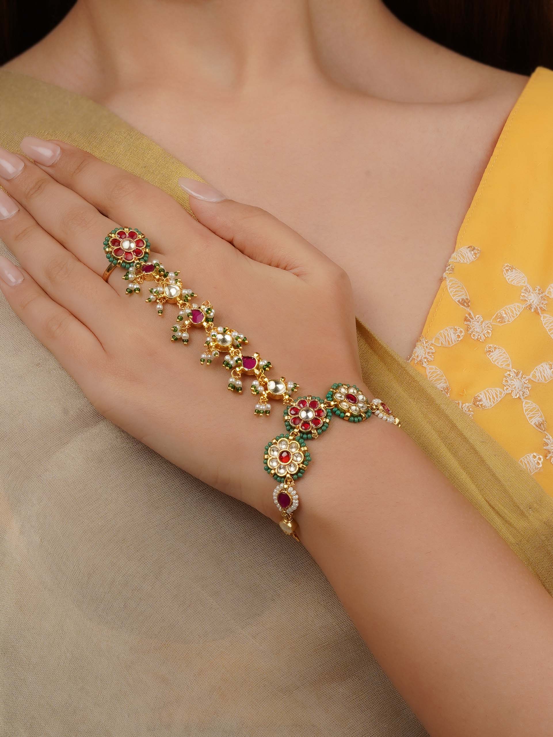 Multicolor Gold Plated Jadau Kundan Haathphool - MHP251M