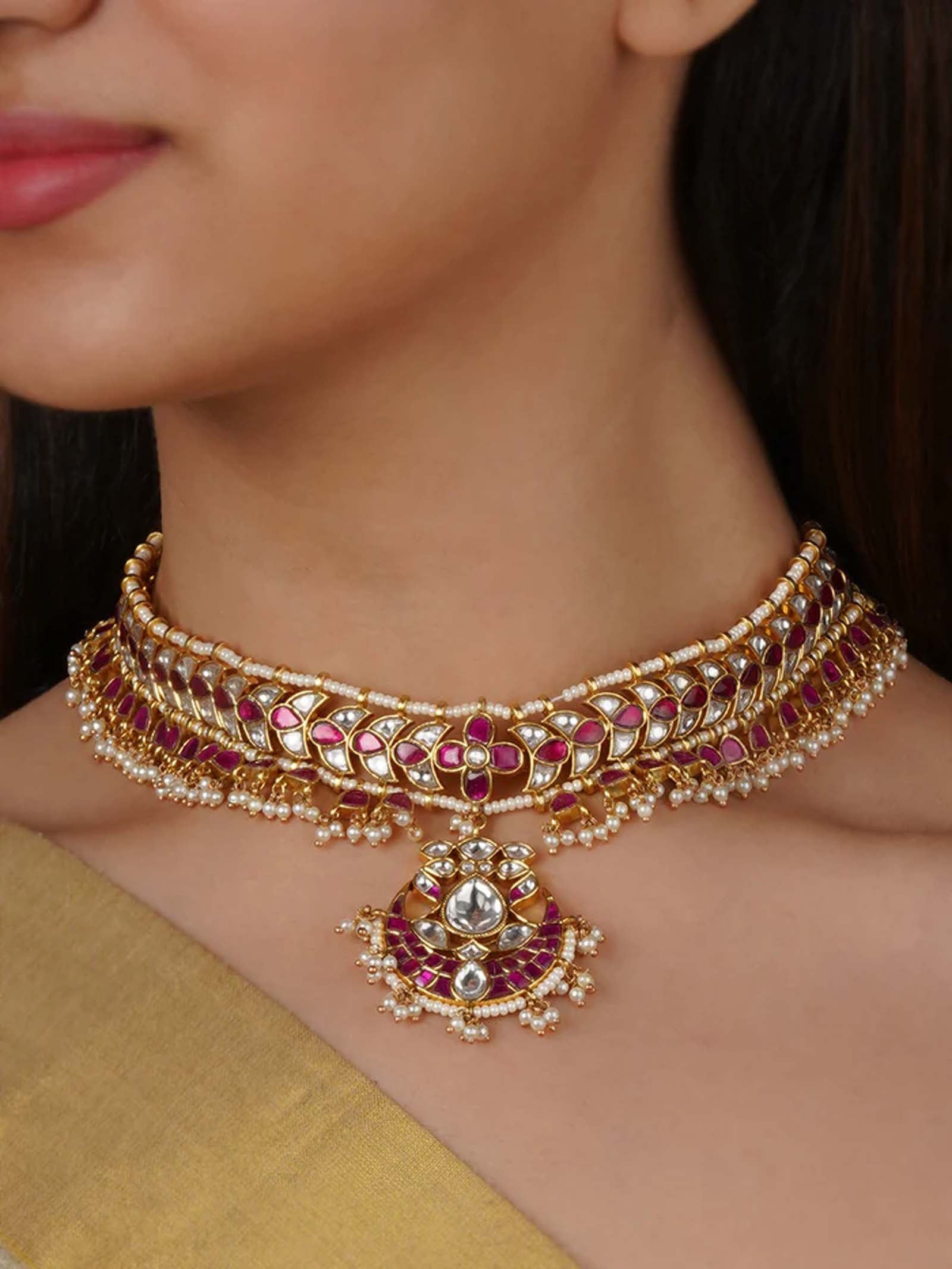 Pink Color Gold Plated Jadau Kundan Necklace - MN444WP