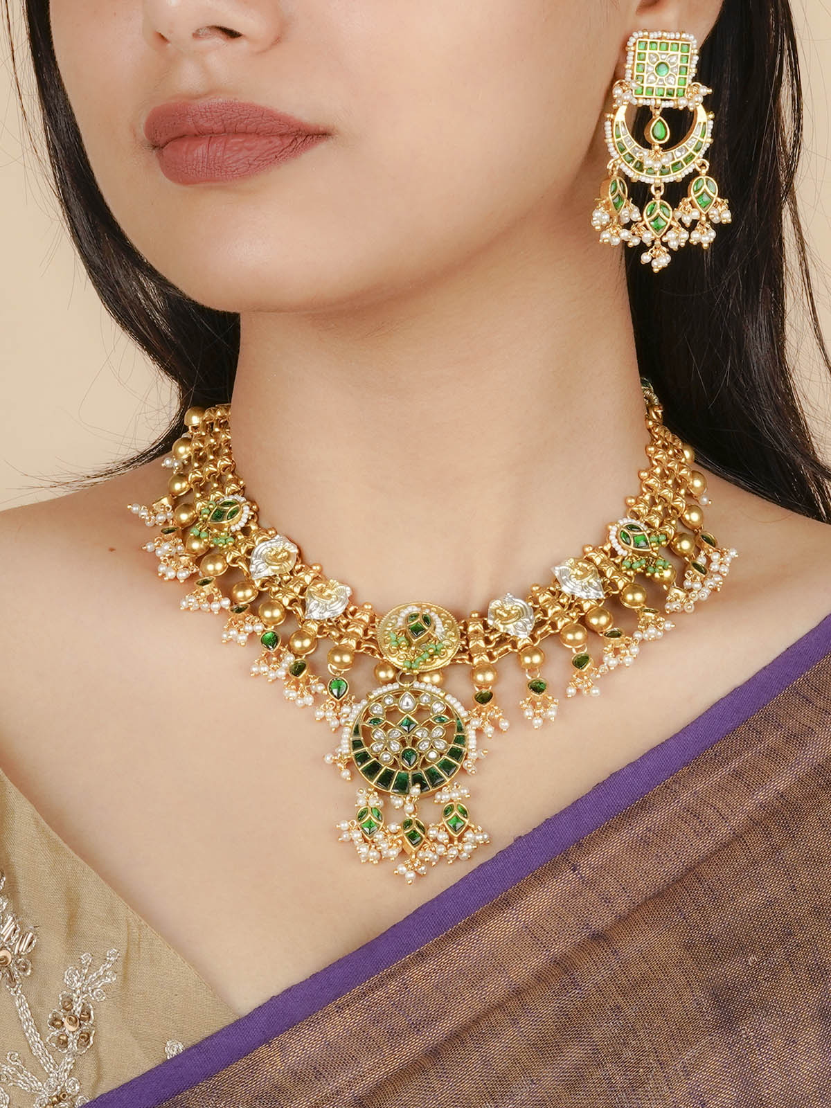 Green Color Gold Plated Mishr Necklace Set - MR-S674M