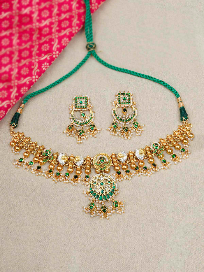 Green Color Gold Plated Mishr Necklace Set - MR-S674M