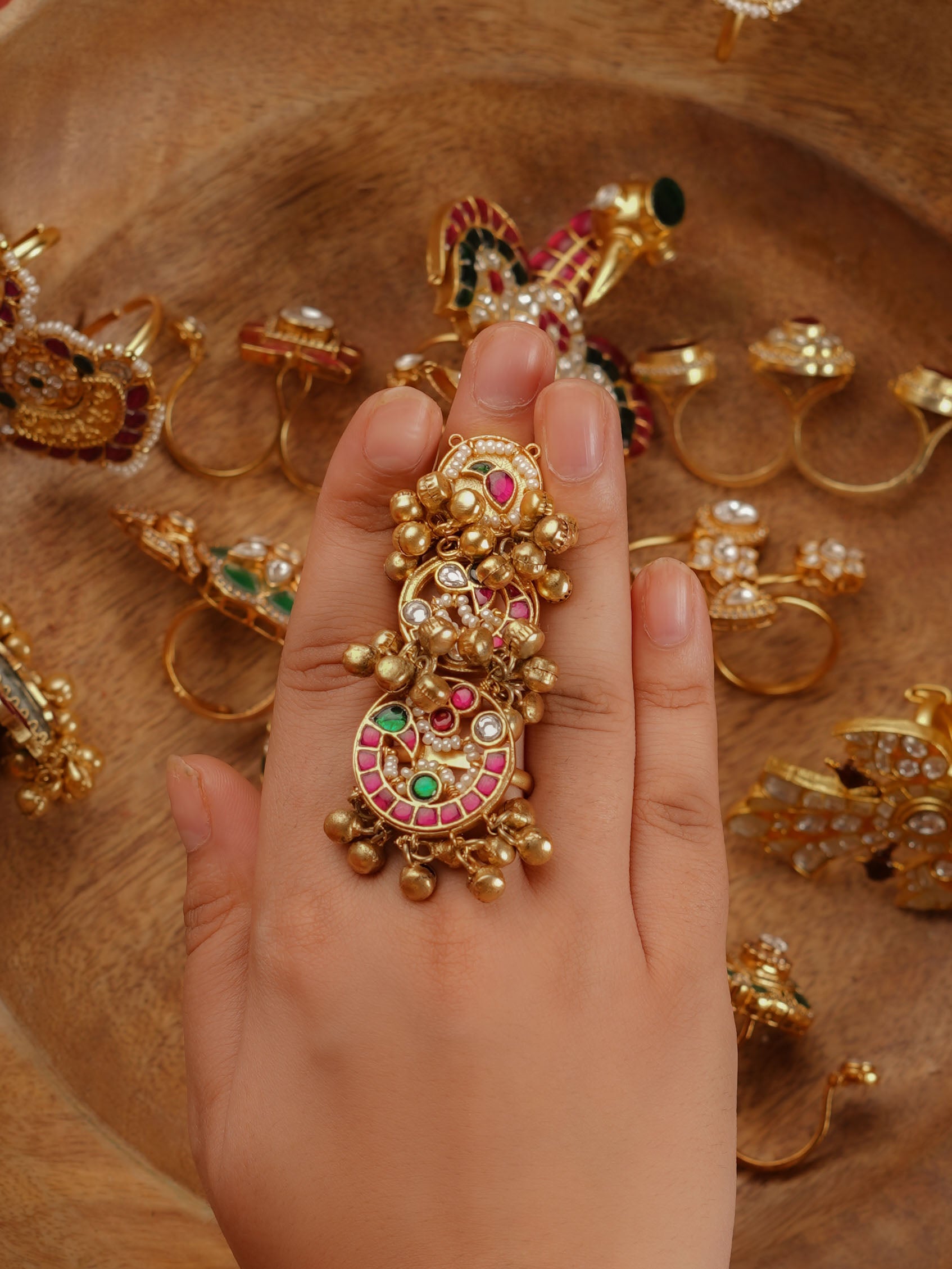 Multicolor Gold Plated Jadau Kundan Ring - MRNG138M