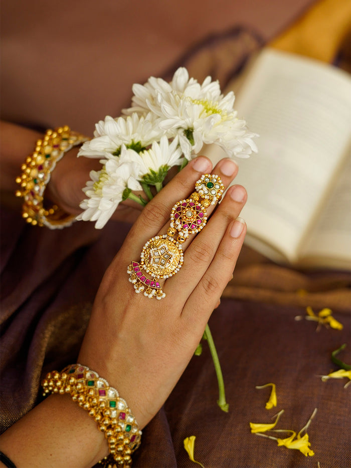 Multicolor Gold Plated Jadau Kundan Ring - MRNG182M